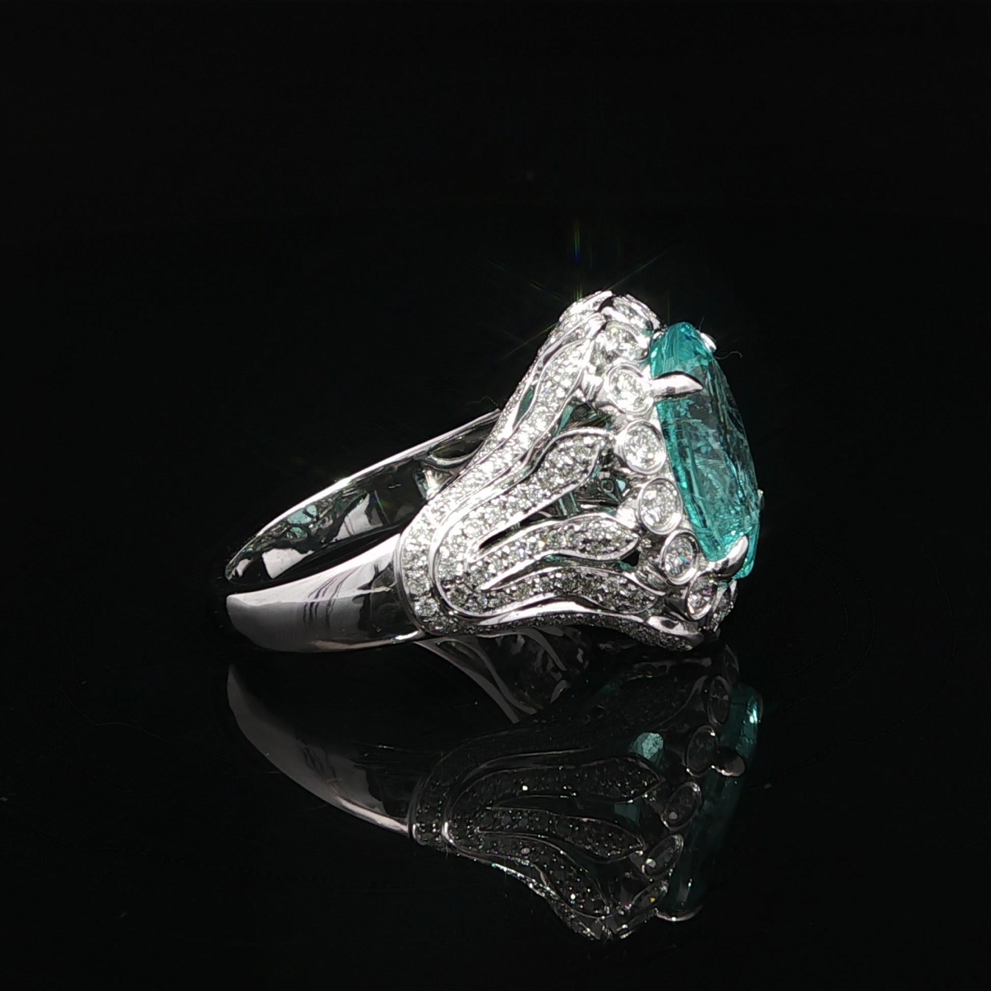 Bague en or blanc 14k 7.68ctw GIA Paraiba Green Blue Tourmaline Diamond Statement Ring en vente 1