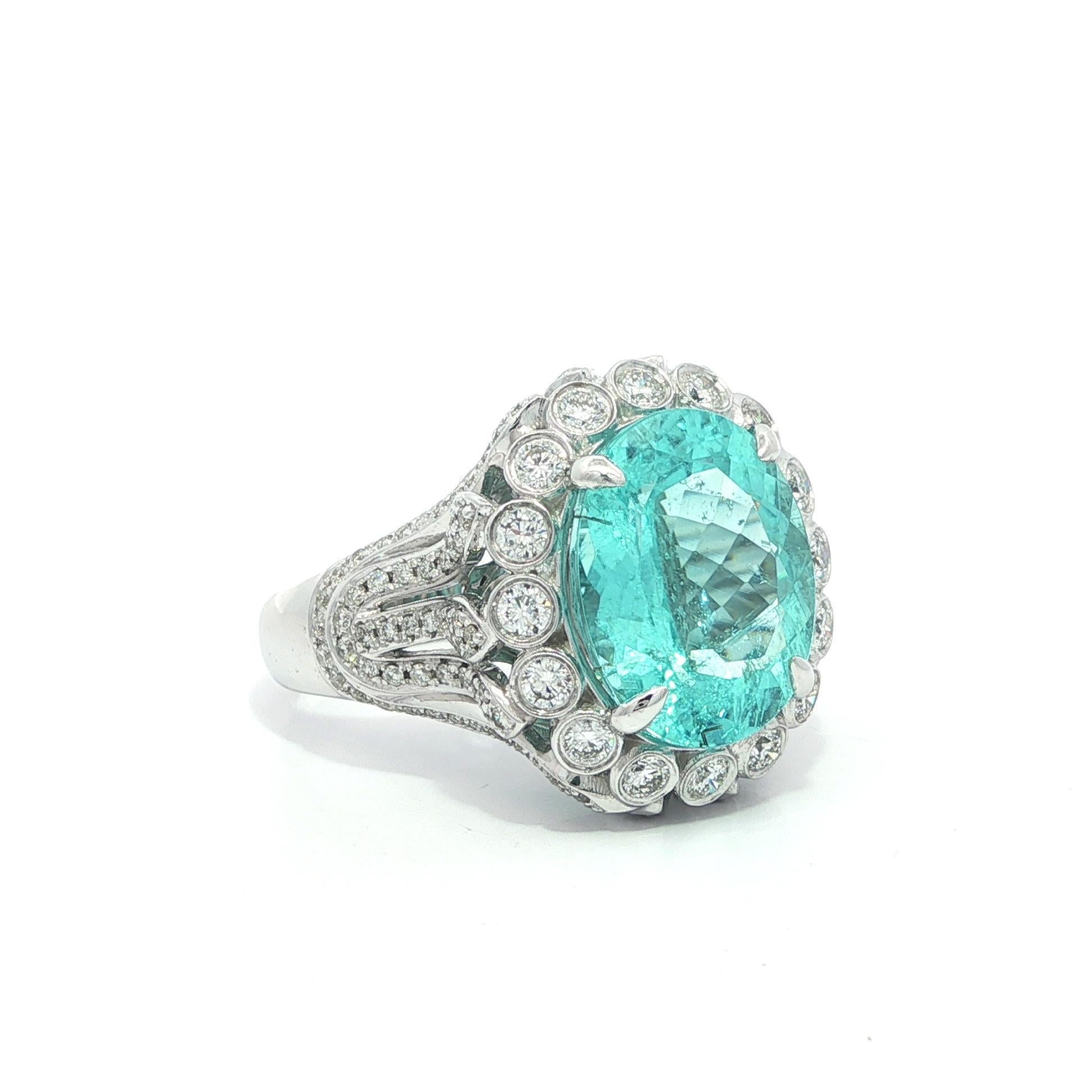 Bague en or blanc 14k 7.68ctw GIA Paraiba Green Blue Tourmaline Diamond Statement Ring en vente 3