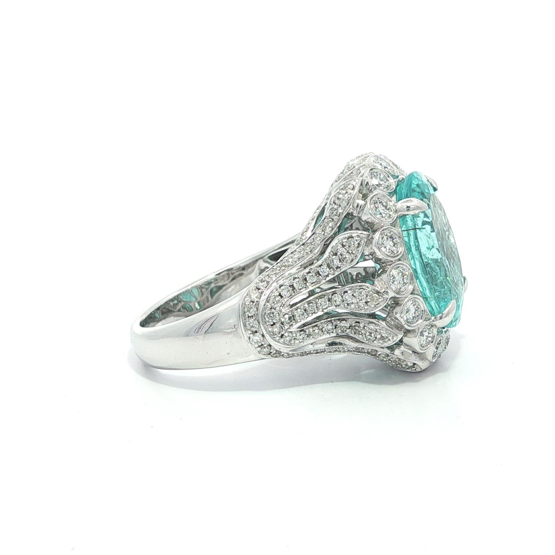 Bague en or blanc 14k 7.68ctw GIA Paraiba Green Blue Tourmaline Diamond Statement Ring en vente 4