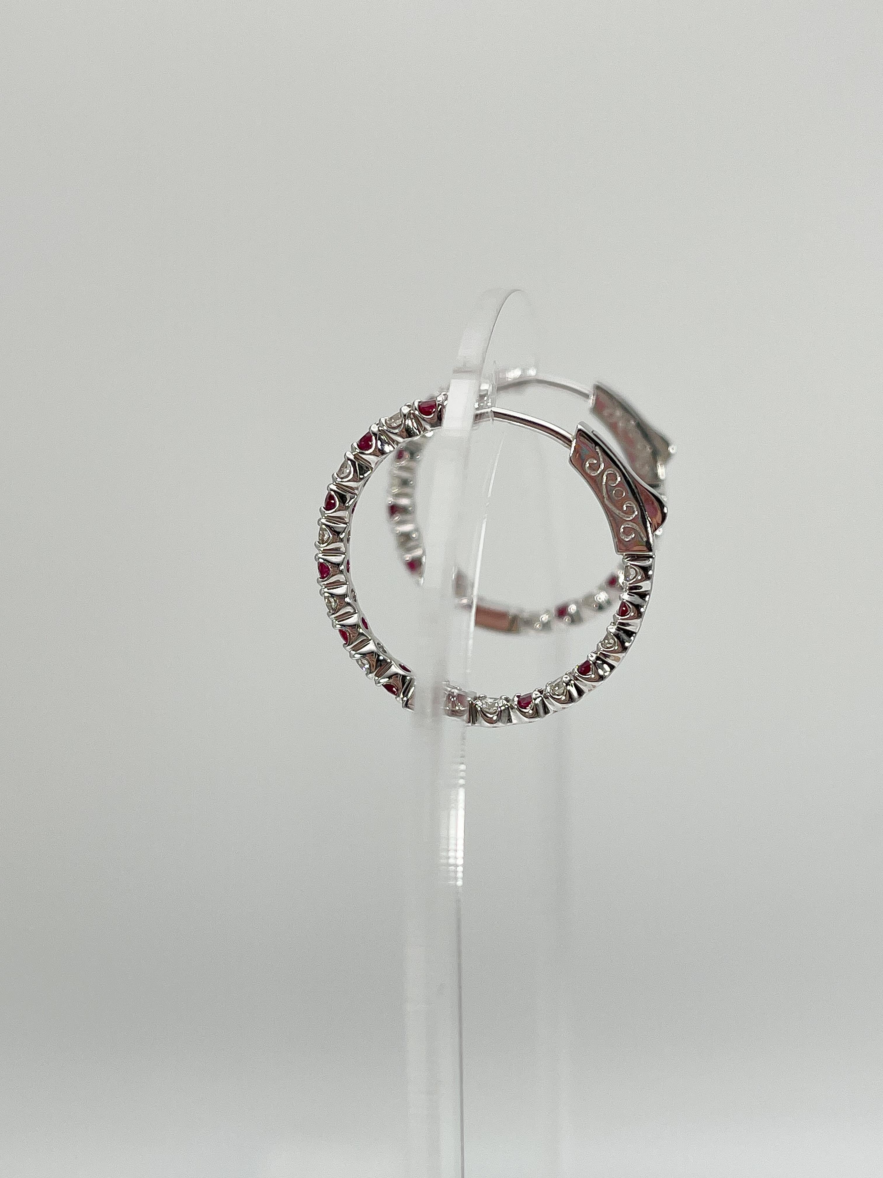Round Cut 14K White Gold .78 CTW Diamond and CTW 1.15 Ruby Hoop Earrings  For Sale