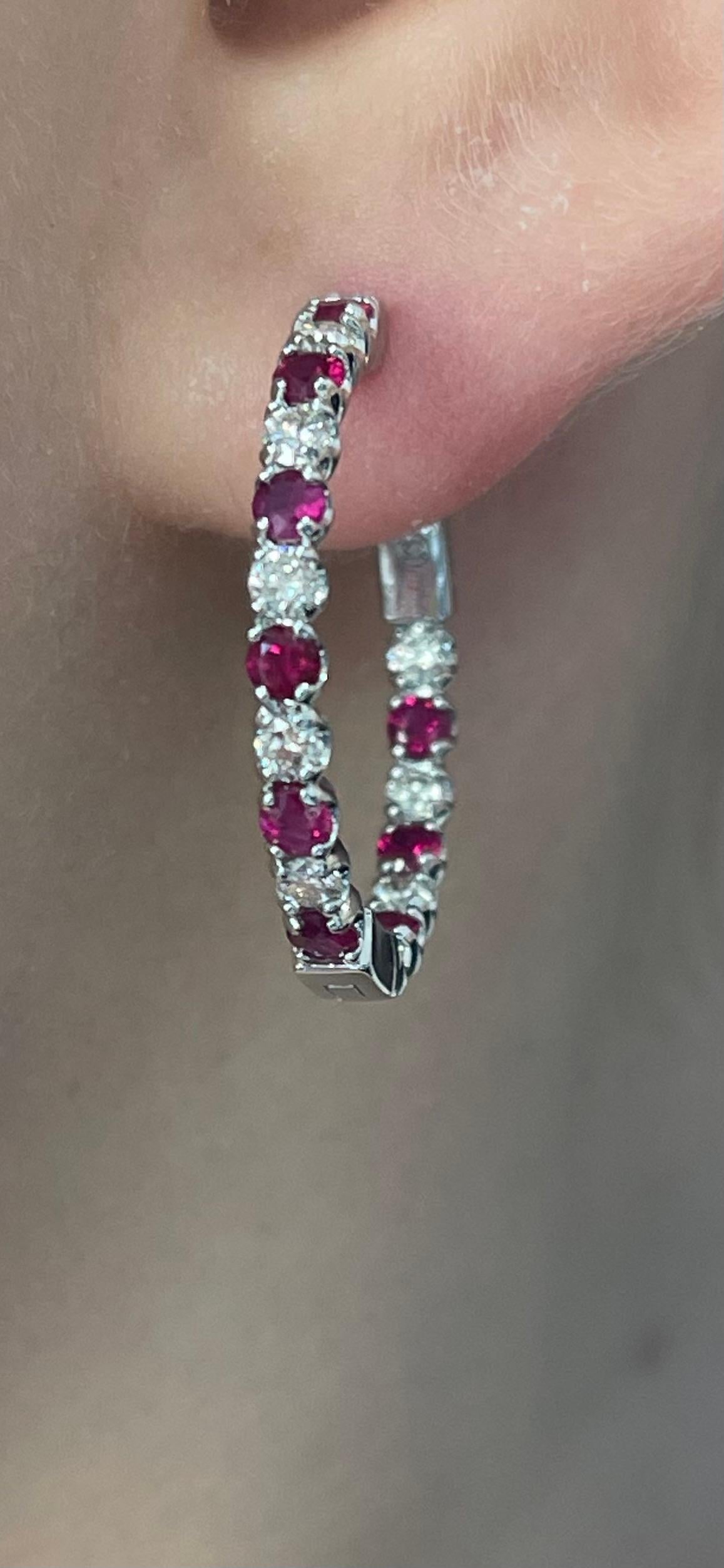 Women's 14K White Gold .78 CTW Diamond and CTW 1.15 Ruby Hoop Earrings  For Sale