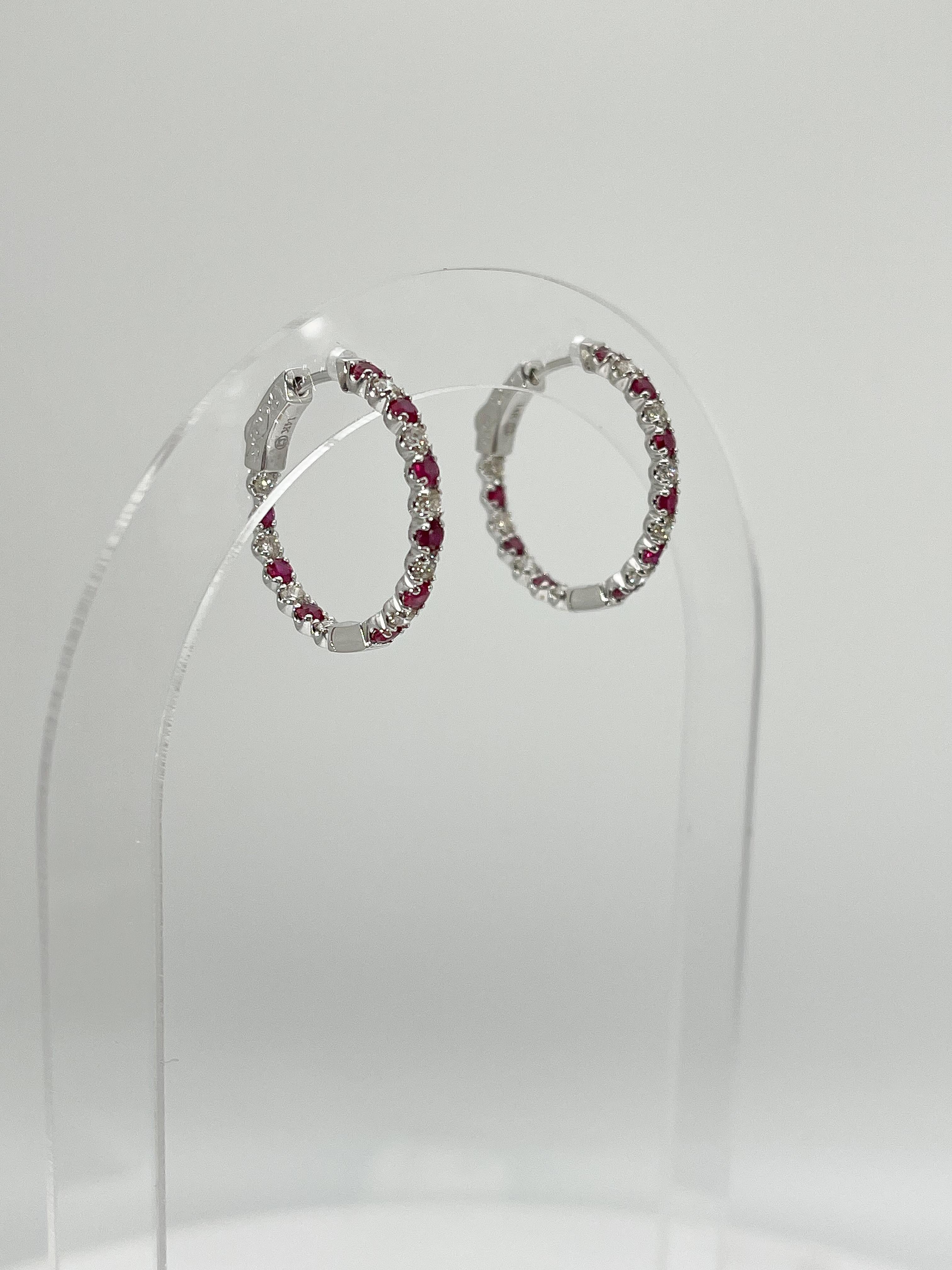 14K White Gold .78 CTW Diamond and CTW 1.15 Ruby Hoop Earrings  In New Condition For Sale In Stuart, FL