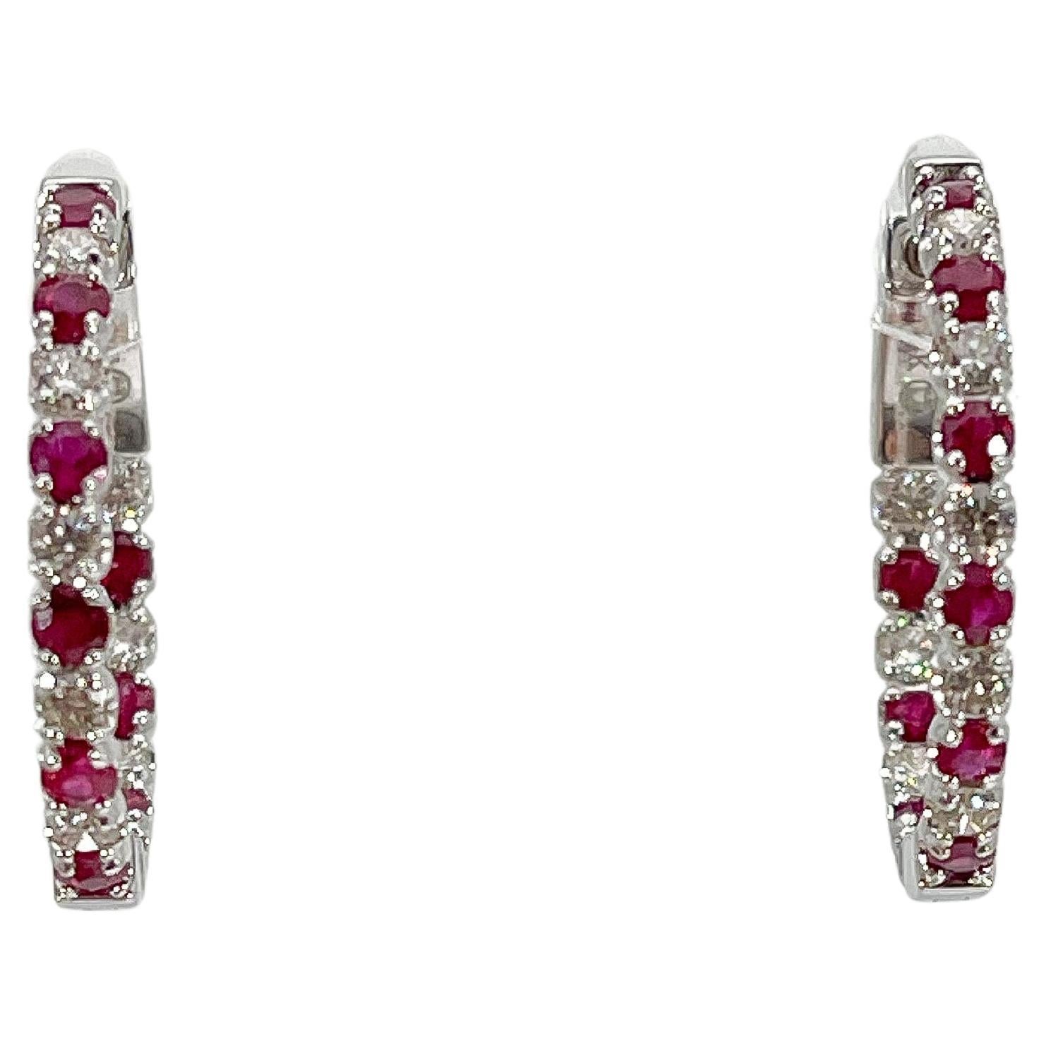 14K White Gold .78 CTW Diamond and CTW 1.15 Ruby Hoop Earrings  For Sale