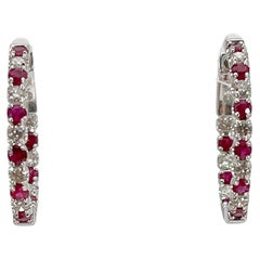 14K White Gold .78 CTW Diamond and CTW 1.15 Ruby Hoop Earrings 