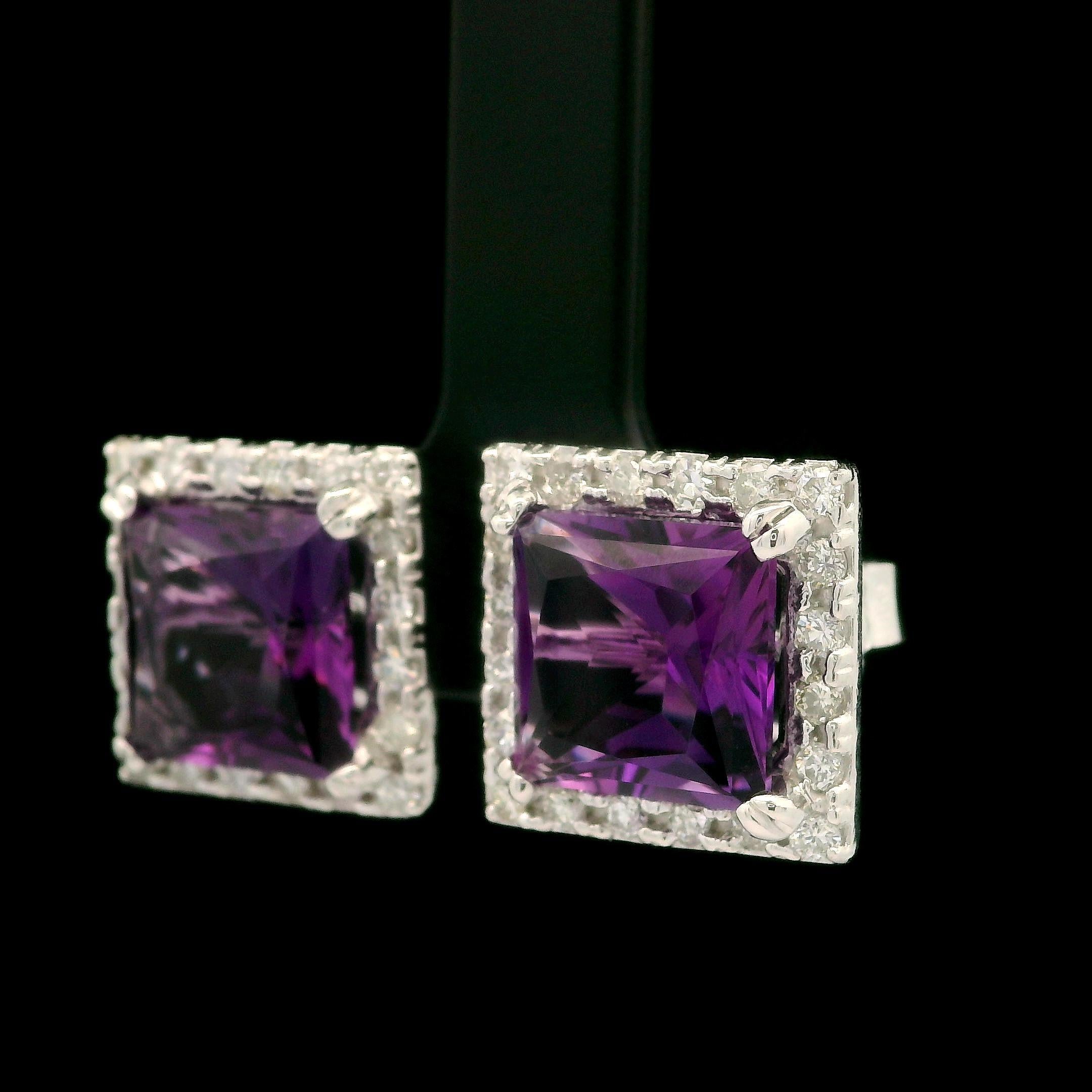 –Stone(s)–
(2) Natural Genuine Amethysts - Square Faceted - Prong Set - Medium Purple Color - 9.6 x 9.6mm (approx.) - 7.03ctw (exact)
(40) Natural Genuine Diamonds - Round Brilliant - Pave Set - G-I Color - VS2-I1 Clarity - 0.80ctw