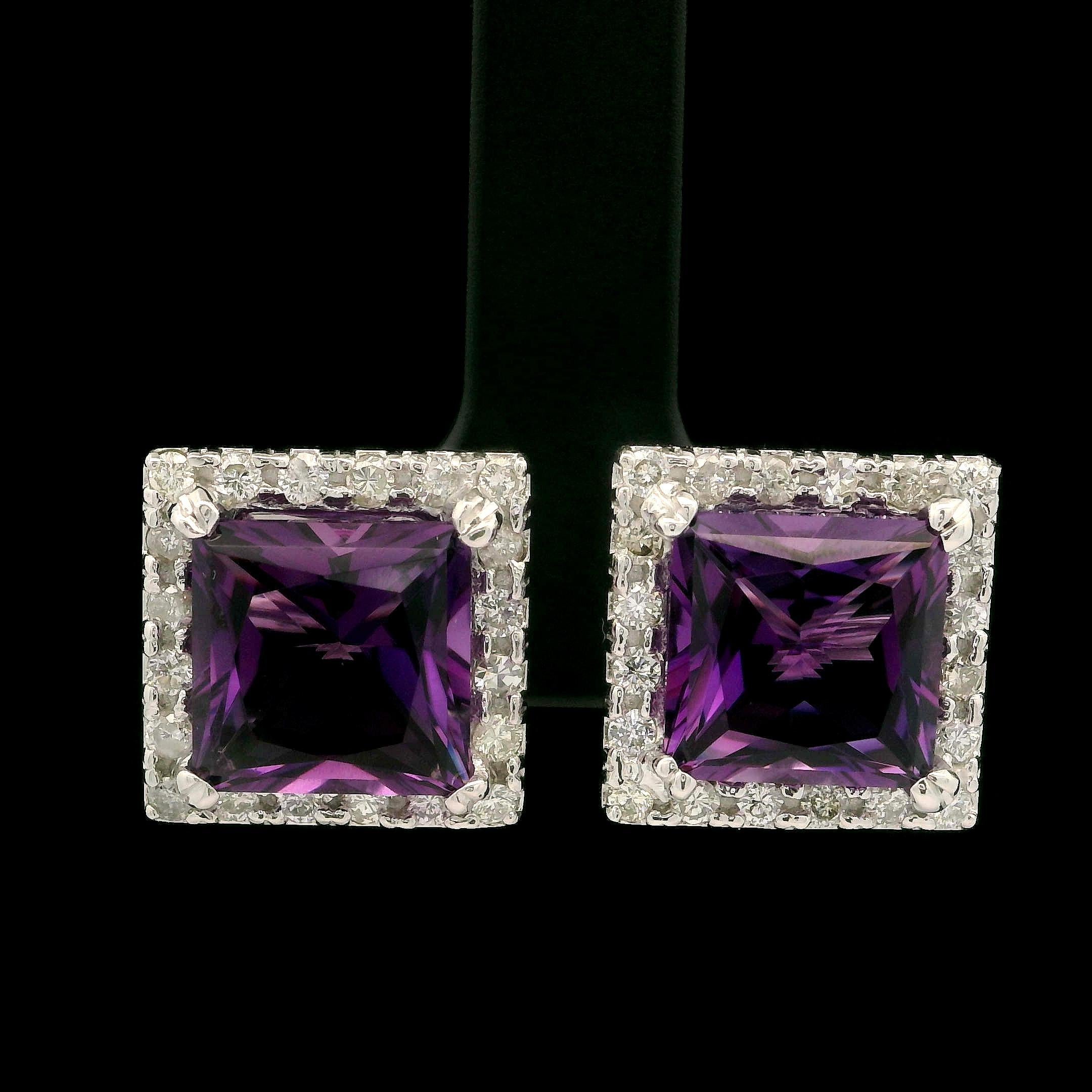 14k White Gold 7.83ctw Amethyst & Diamond Halo Large Square Stud Earrings In Excellent Condition For Sale In Montclair, NJ