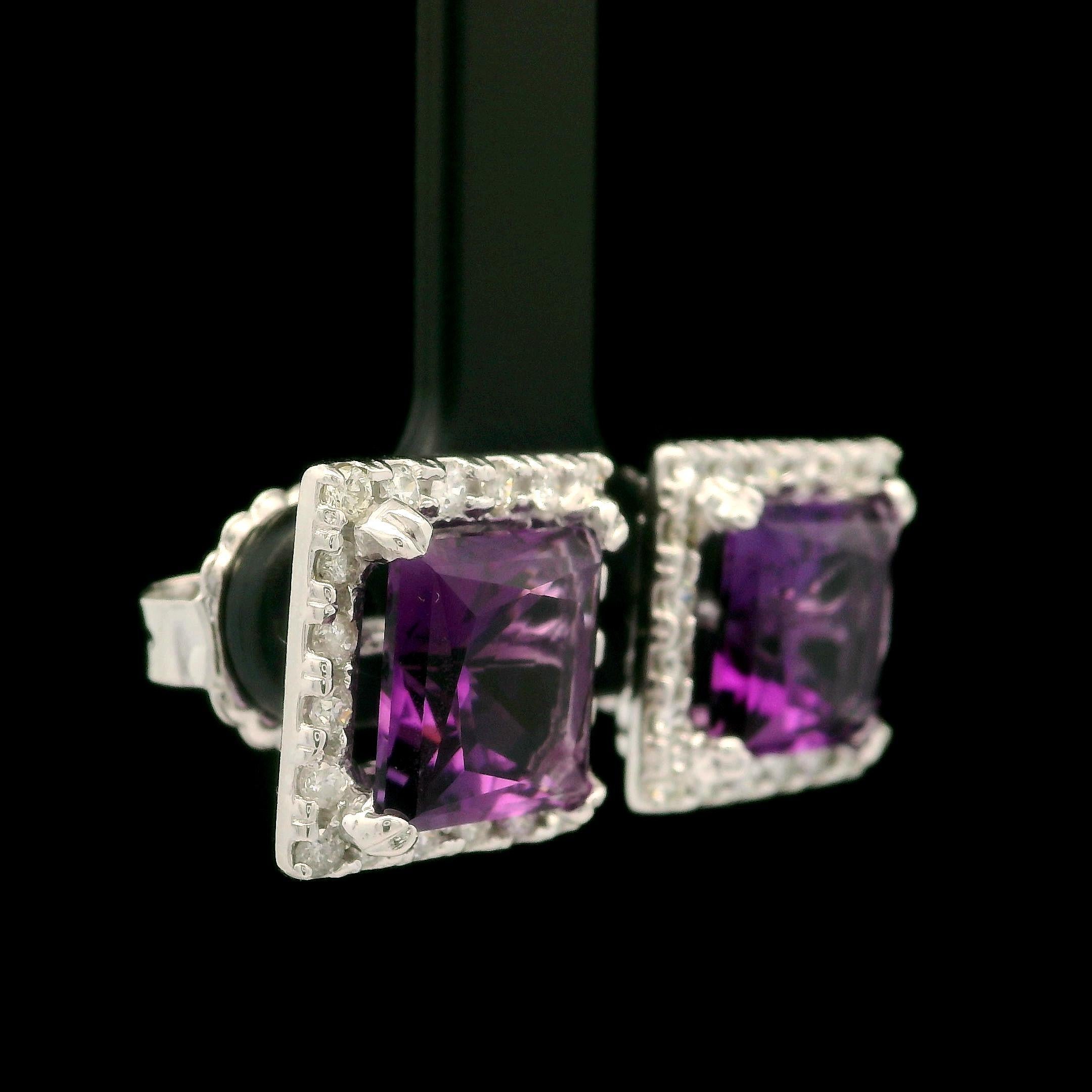 Women's 14k White Gold 7.83ctw Amethyst & Diamond Halo Large Square Stud Earrings For Sale