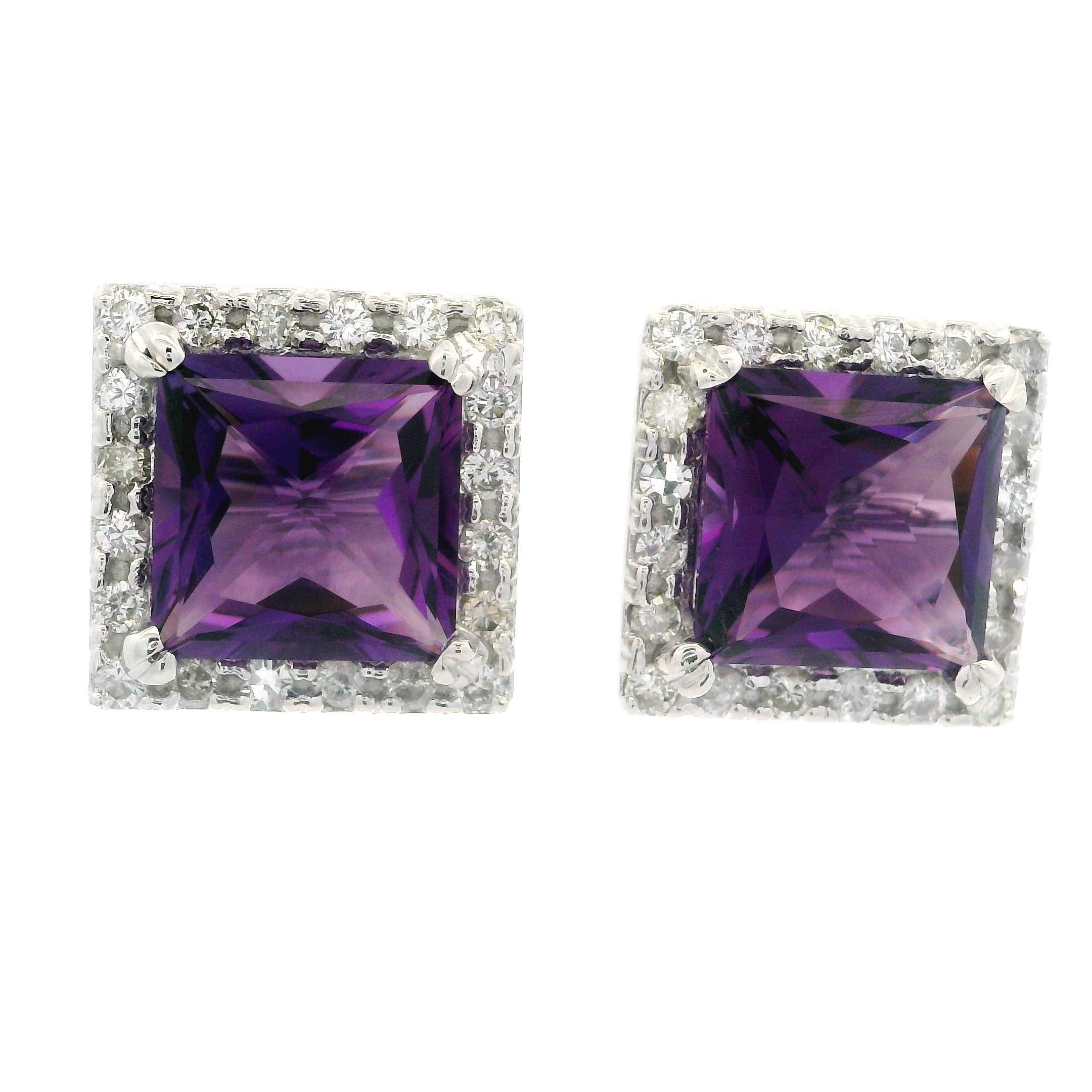 14k White Gold 7.83ctw Amethyst & Diamond Halo Large Square Stud Earrings For Sale 1