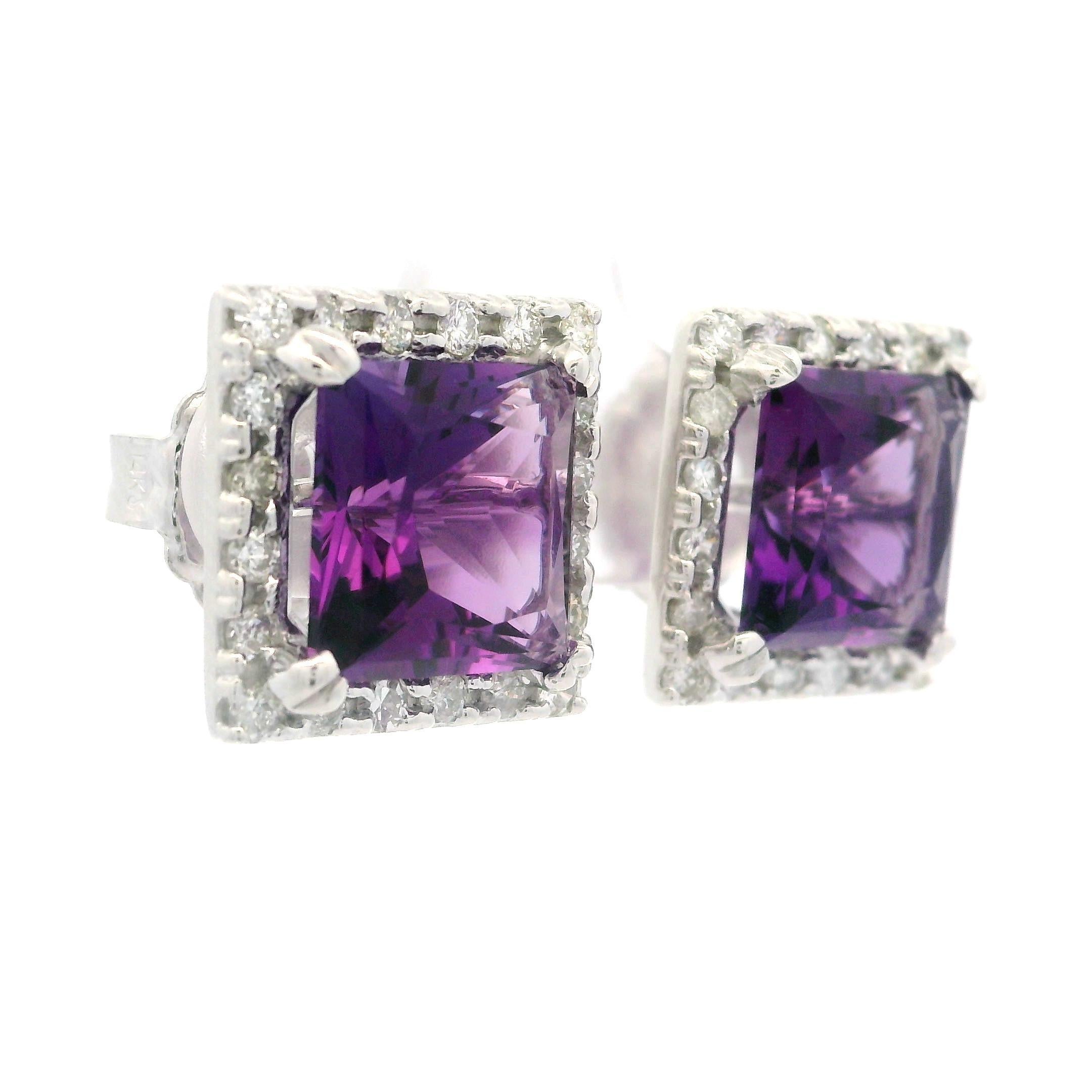 14k White Gold 7.83ctw Amethyst & Diamond Halo Large Square Stud Earrings For Sale 2