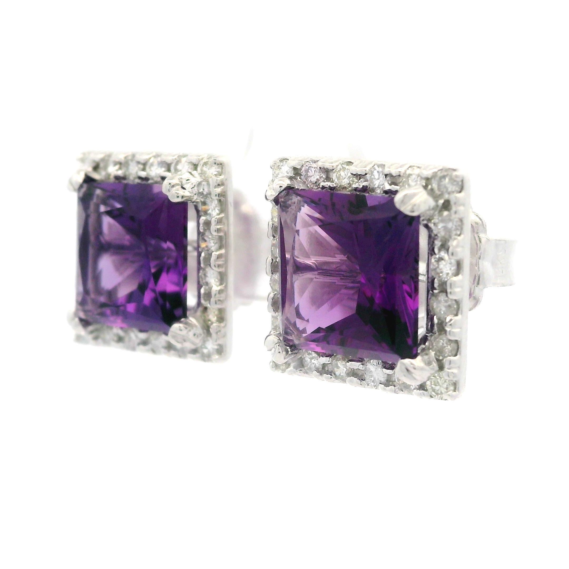 14k White Gold 7.83ctw Amethyst & Diamond Halo Large Square Stud Earrings For Sale 3