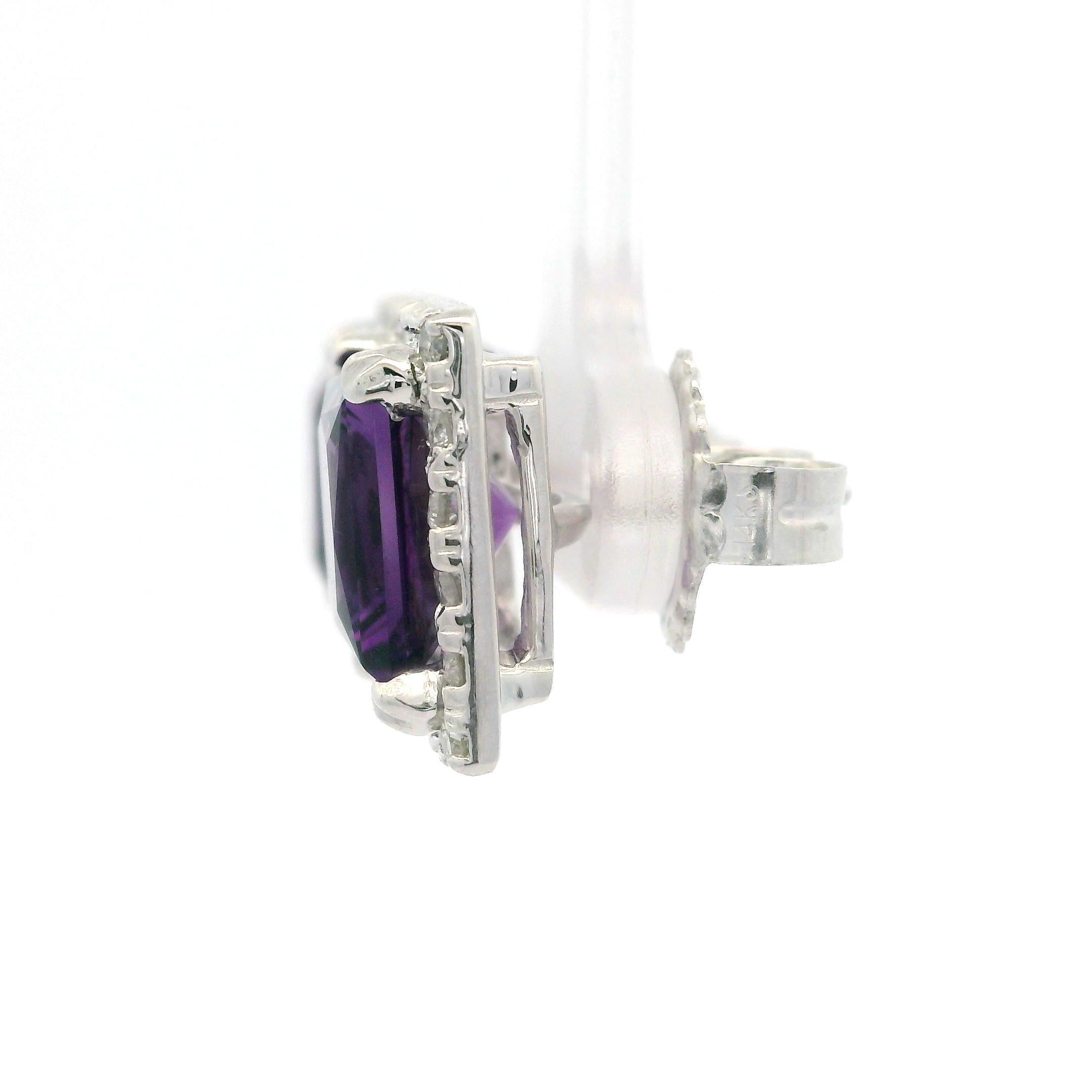 14k White Gold 7.83ctw Amethyst & Diamond Halo Large Square Stud Earrings For Sale 4
