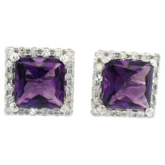 Orecchini quadrati grandi con diamante e ametista in oro bianco 14k da 7,83 ct.