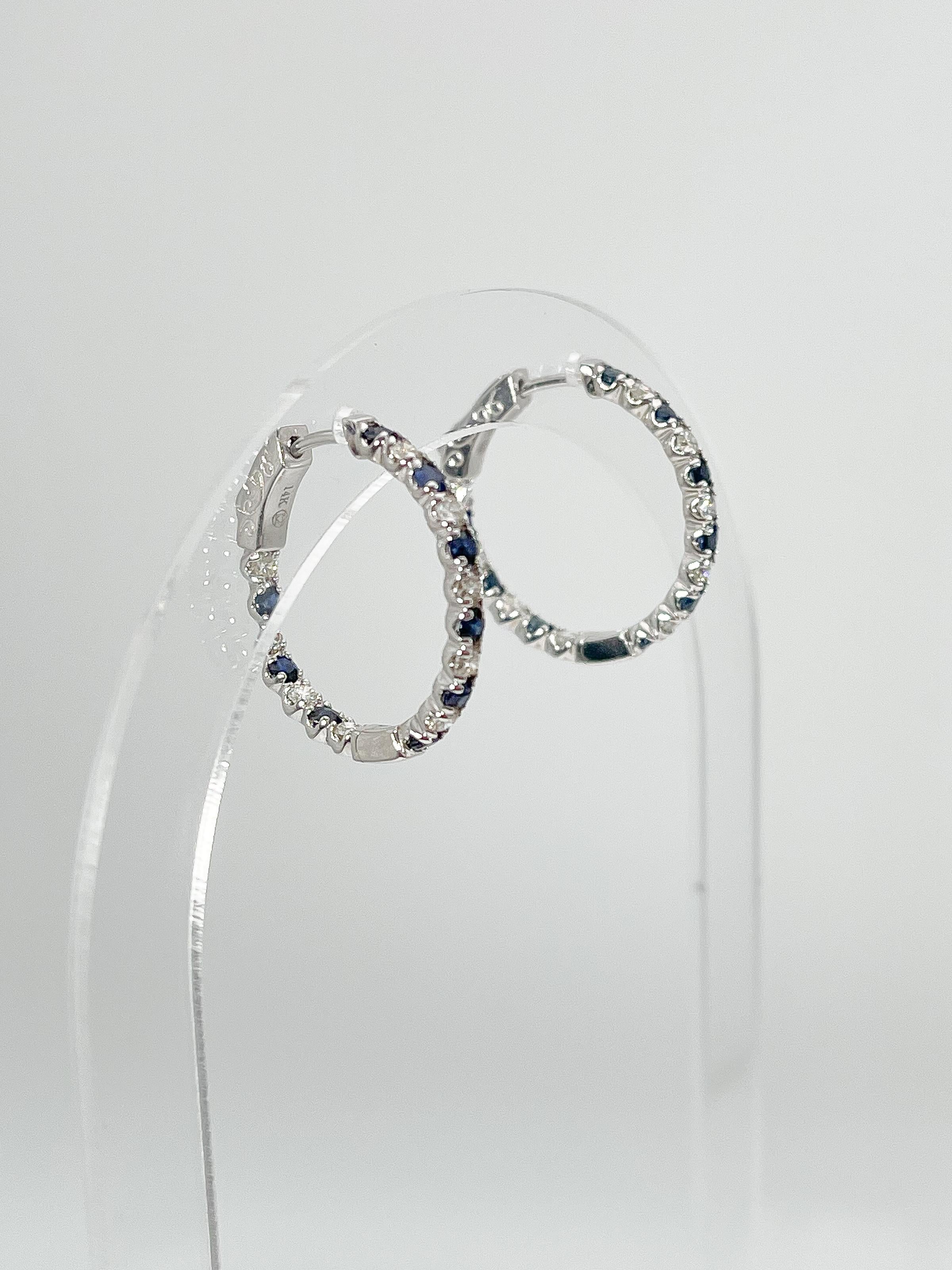 14K White Gold .79 CTW Diamond and 1.15 CTW Sapphire Hoop Earrings In New Condition For Sale In Stuart, FL