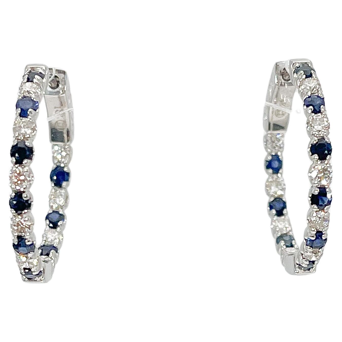 14K White Gold .79 CTW Diamond and 1.15 CTW Sapphire Hoop Earrings For Sale