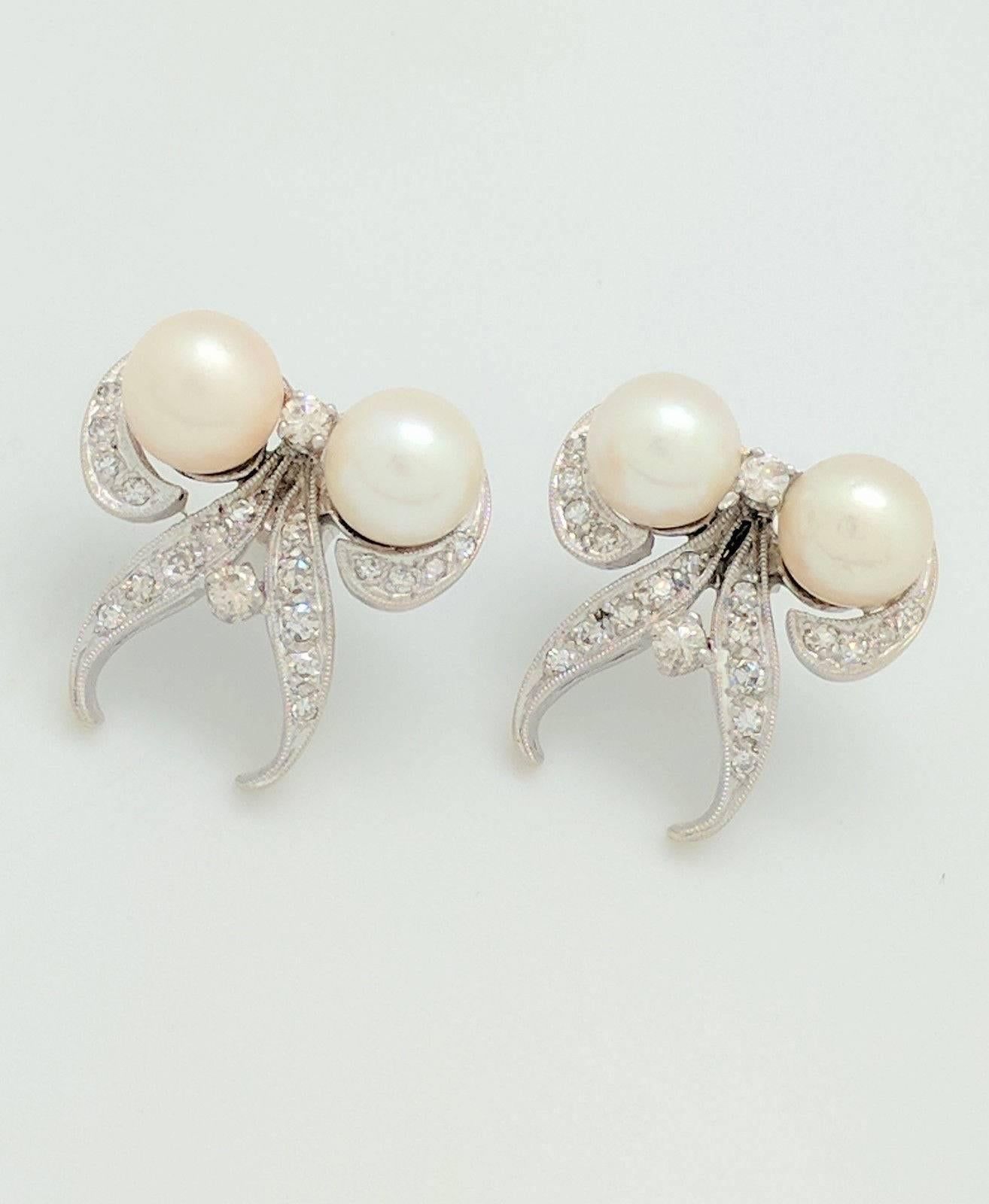 Art Deco 14 Karat White Gold Pearl and Diamond Earrings