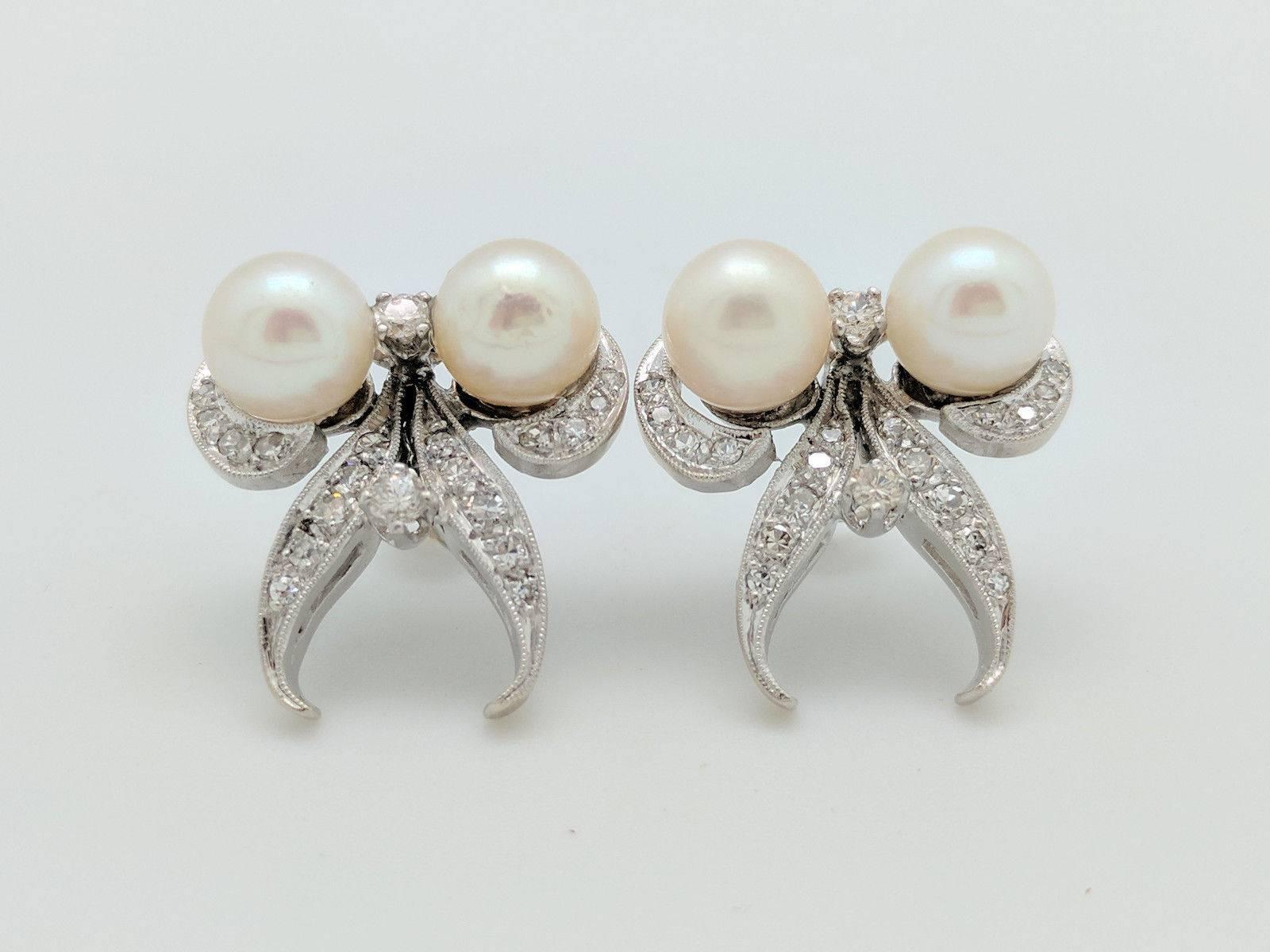 Round Cut 14 Karat White Gold Pearl and Diamond Earrings
