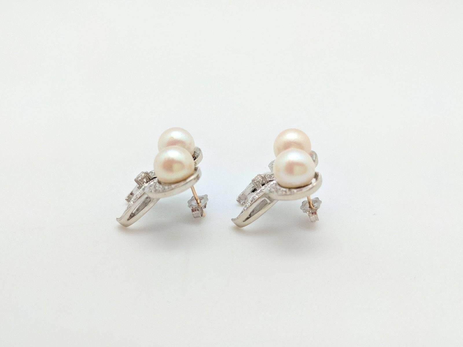 14 Karat White Gold Pearl and Diamond Earrings 1