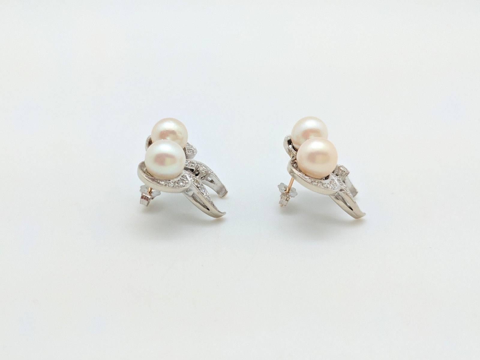 14 Karat White Gold Pearl and Diamond Earrings 3
