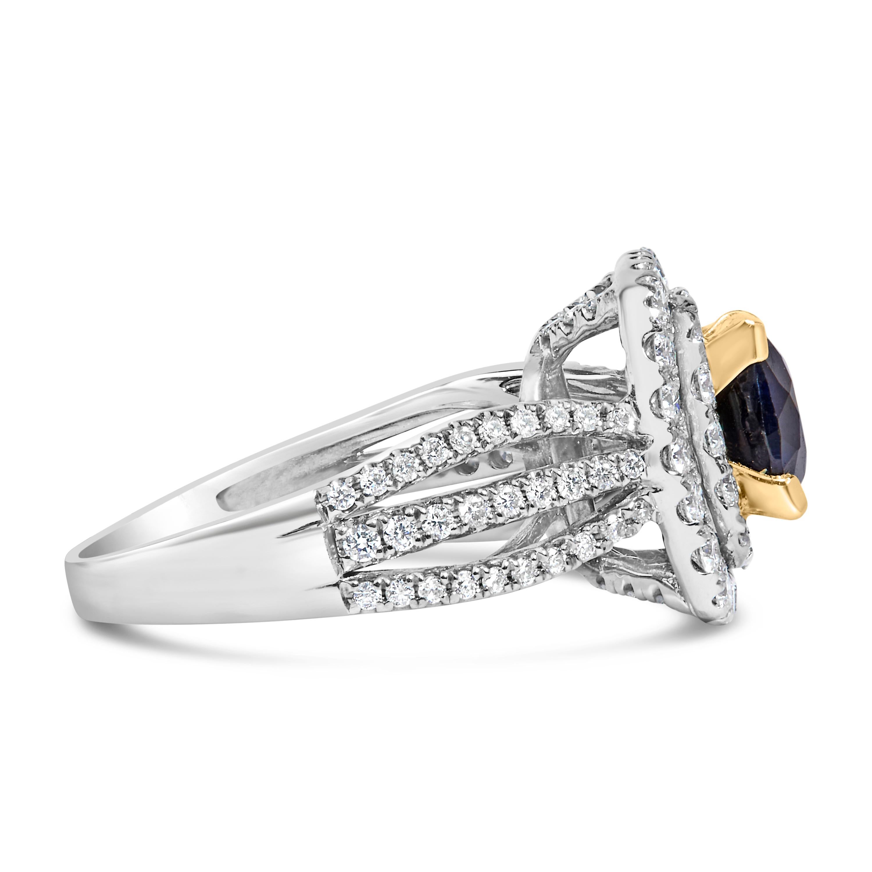 Stellen Sie sich vor, wie das Flüstern einer Romanze in diesem exquisiten Verlobungsring aus 14 Karat Weißgold verewigt wird. Sein Glanz gipfelt in einem strahlend blauen Saphir von 7x7 mm Durchmesser, der auf natürliche Weise gewonnen wurde und