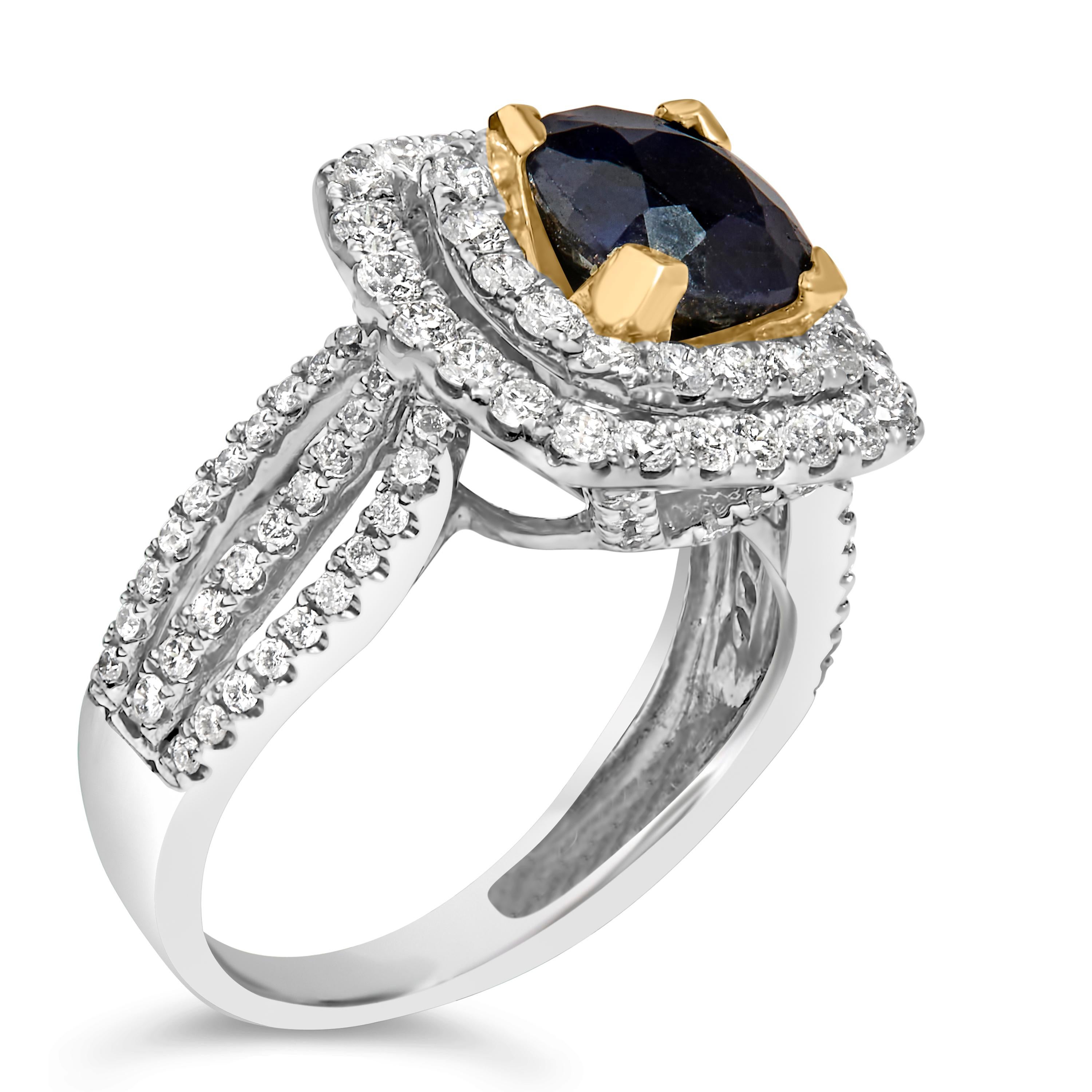 14K Weißgold 7X7 Blauer Saphir 1 1/2 Gesamtkaratgewicht Diamant Halo Verlobungsring (Moderne)