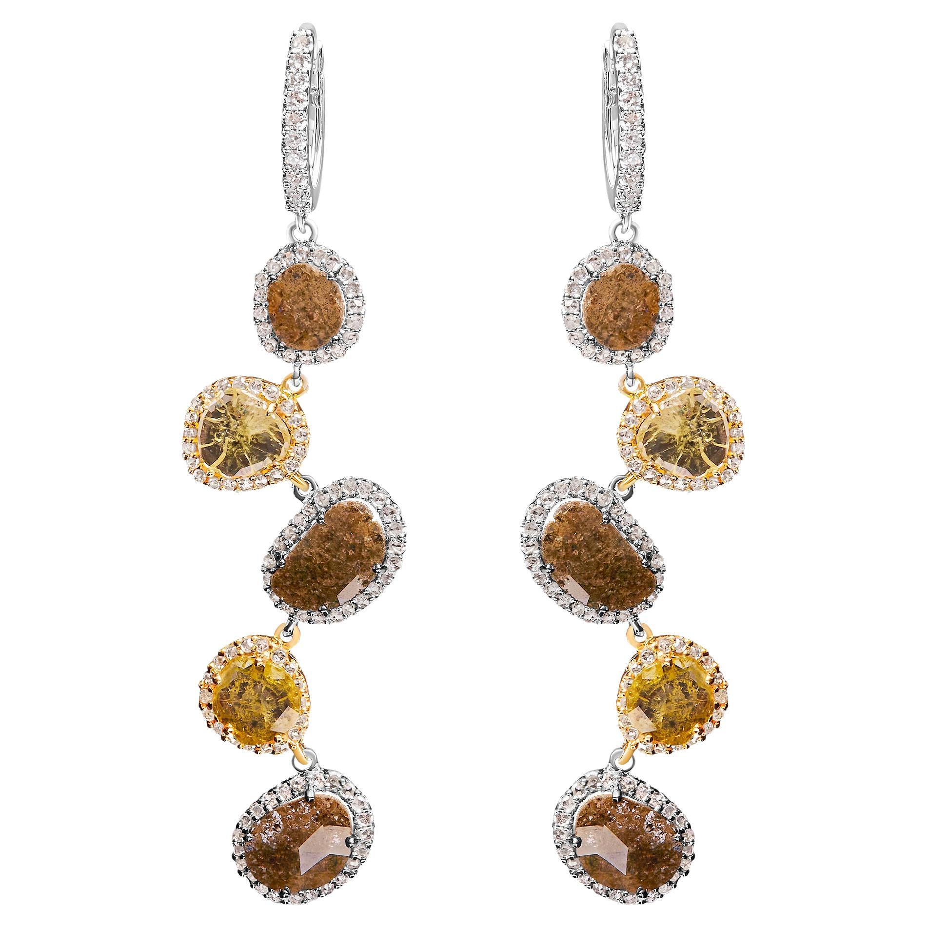 14K White Gold 8 5/8 Carat Brown and Yellow Diamond Link Drop and Dangle Earring For Sale