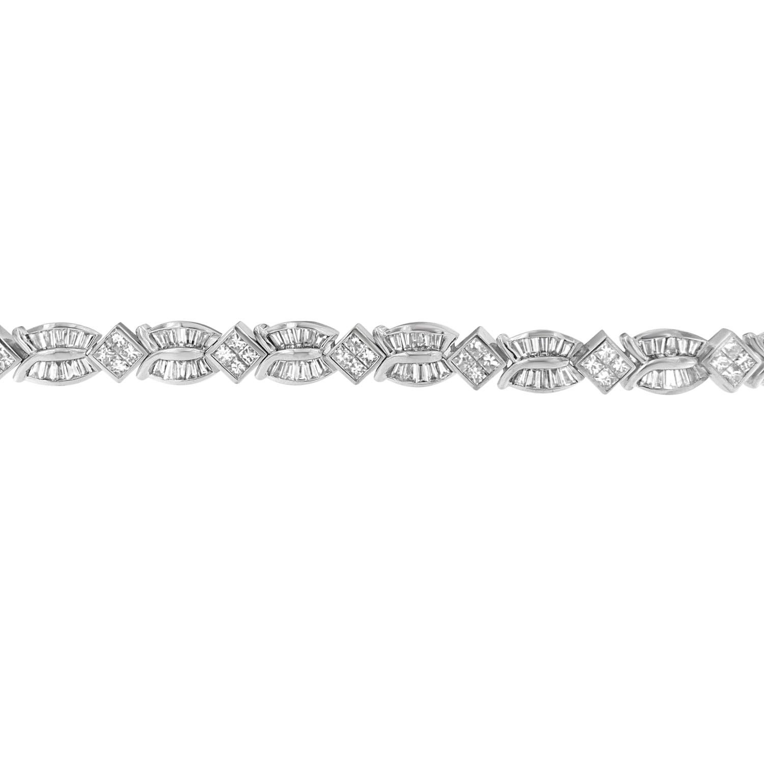 14K White Gold 8 5/8 Carat Princess and Baguette Diamond Geo-Twist Bracelet Contemporáneo en venta