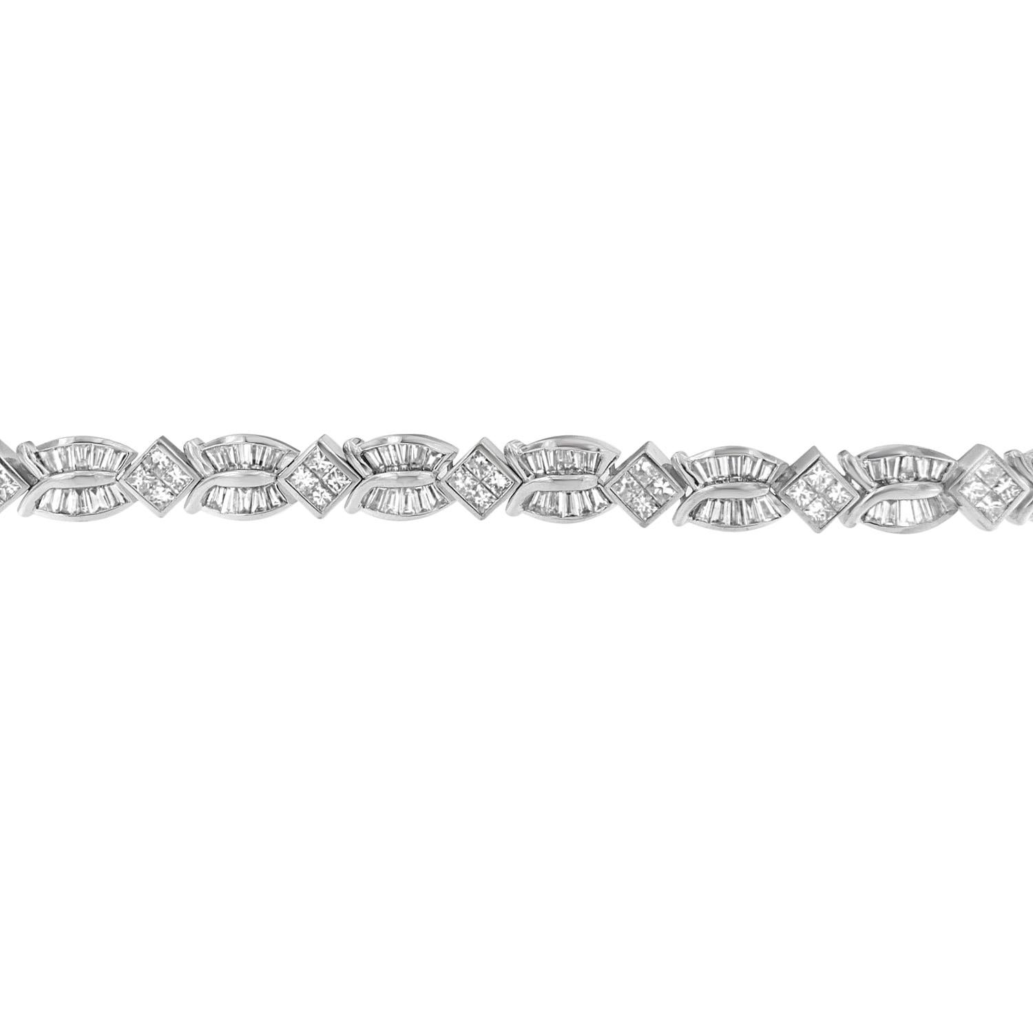 Contemporary 14K White Gold 8 5/8 Carat Princess and Baguette Diamond Geo-Twist Bracelet For Sale