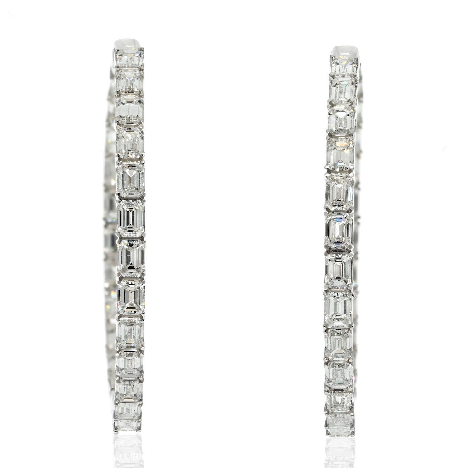 You will love the look of these 1.5 inches hoop earrings the moment you open the box. These are made with diamonds mounted inside and out, and best of all these are emerald cut diamonds that are oh so special. 
Perfect to wear for all your special