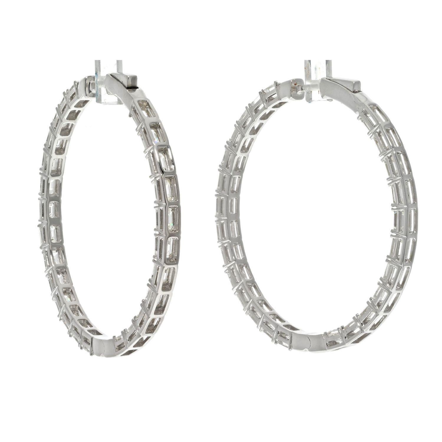 Modern 14K White Gold 8 Carat Emerald Cut Diamond Hoop Earrings