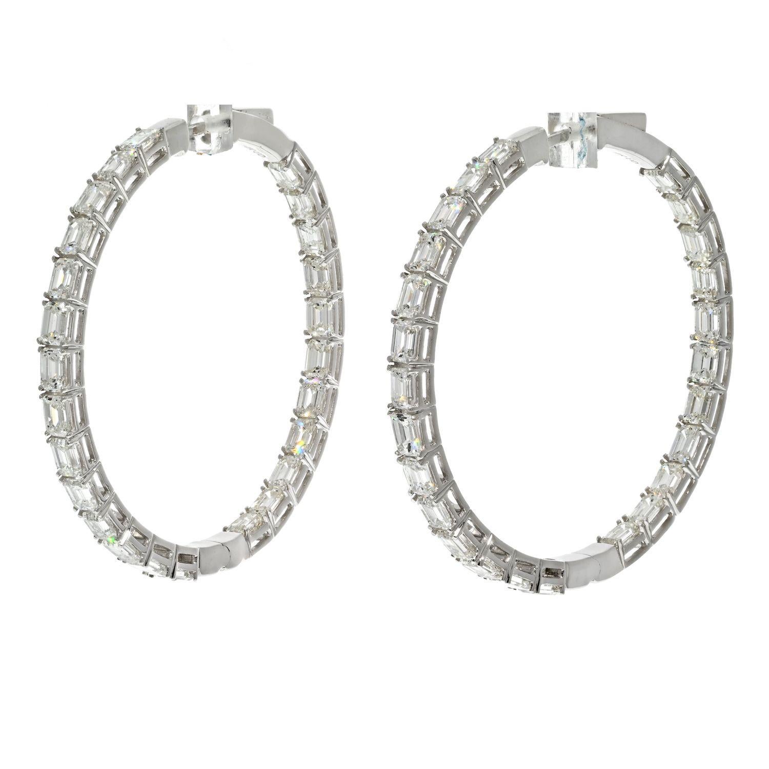 14K White Gold 8 Carat Emerald Cut Diamond Hoop Earrings In New Condition In New York, NY
