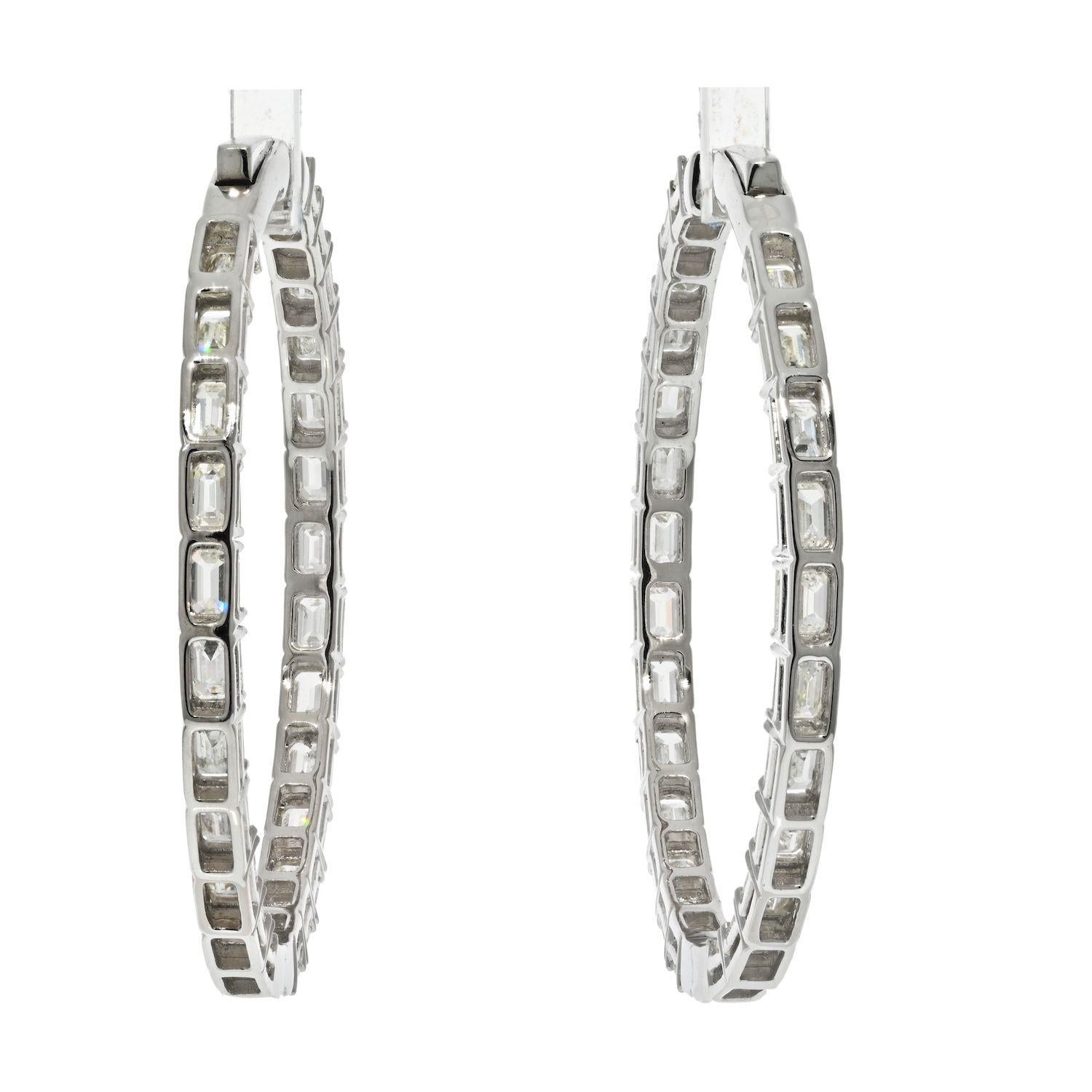 Women's 14K White Gold 8 Carat Emerald Cut Diamond Hoop Earrings