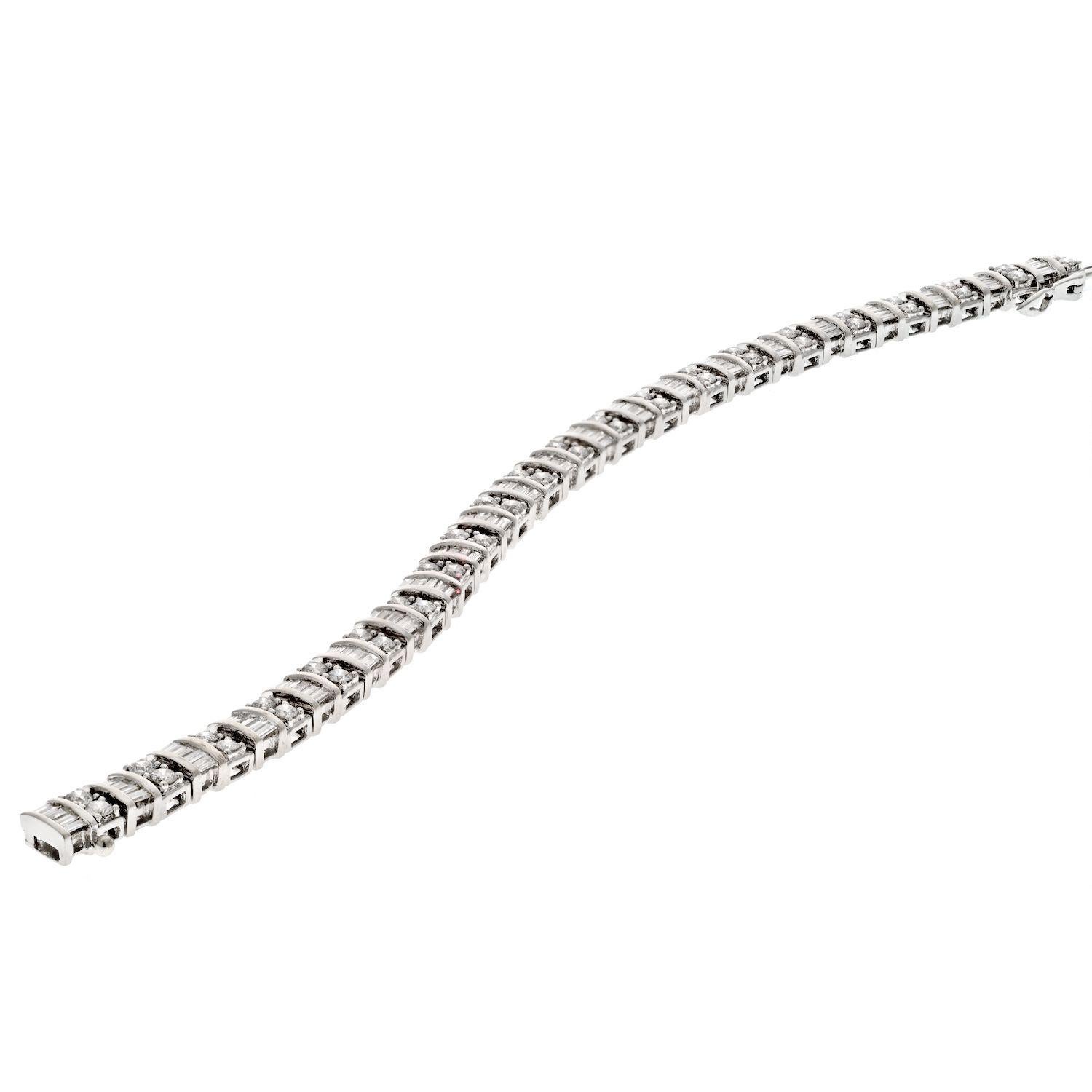 Modern 14k White Gold 8.00cttw Round and Bagette Diamond One Line Bracelet For Sale