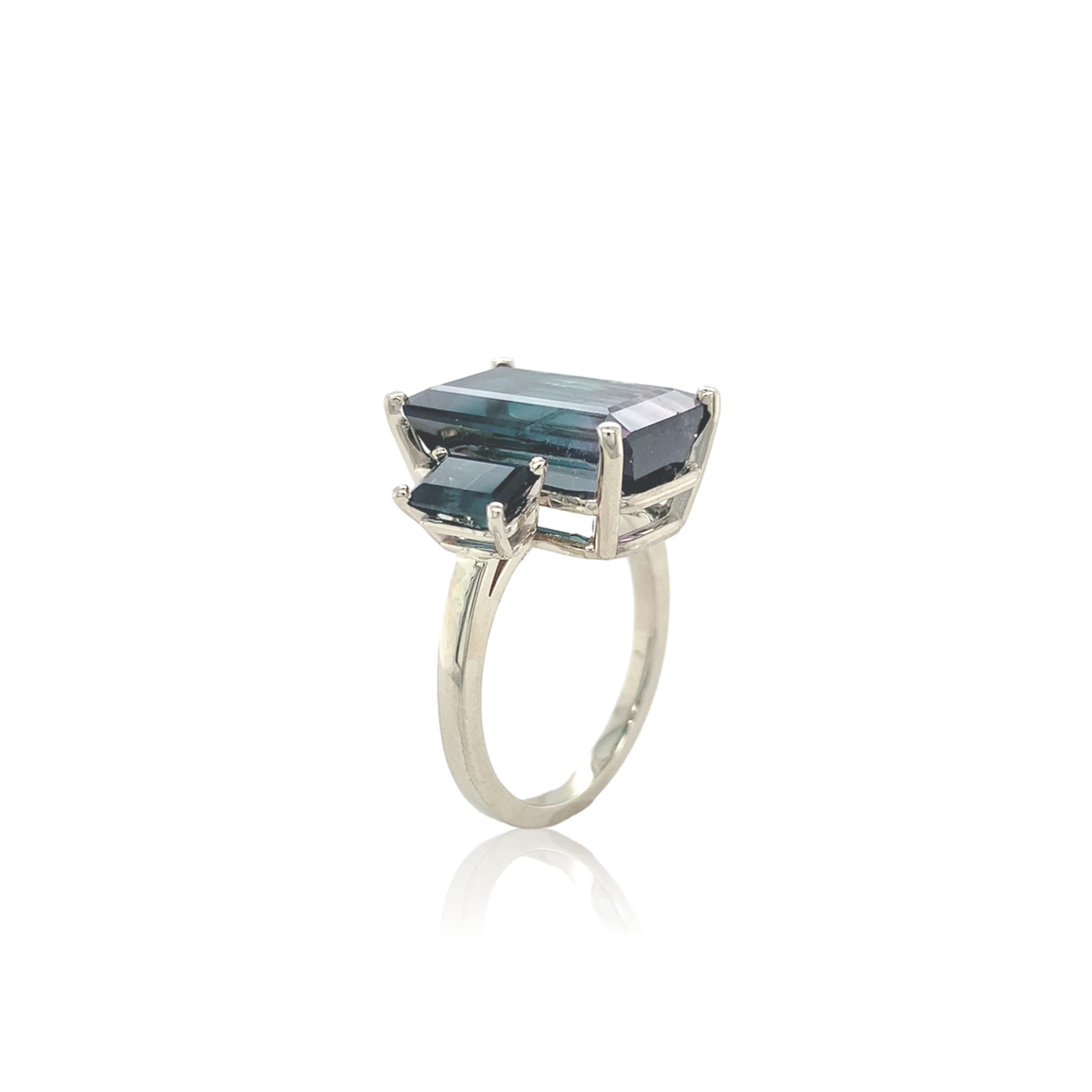 Emerald Cut 14K White Gold 8.07 carat Bi-color Teal and Purple Tourmaline Ring For Sale