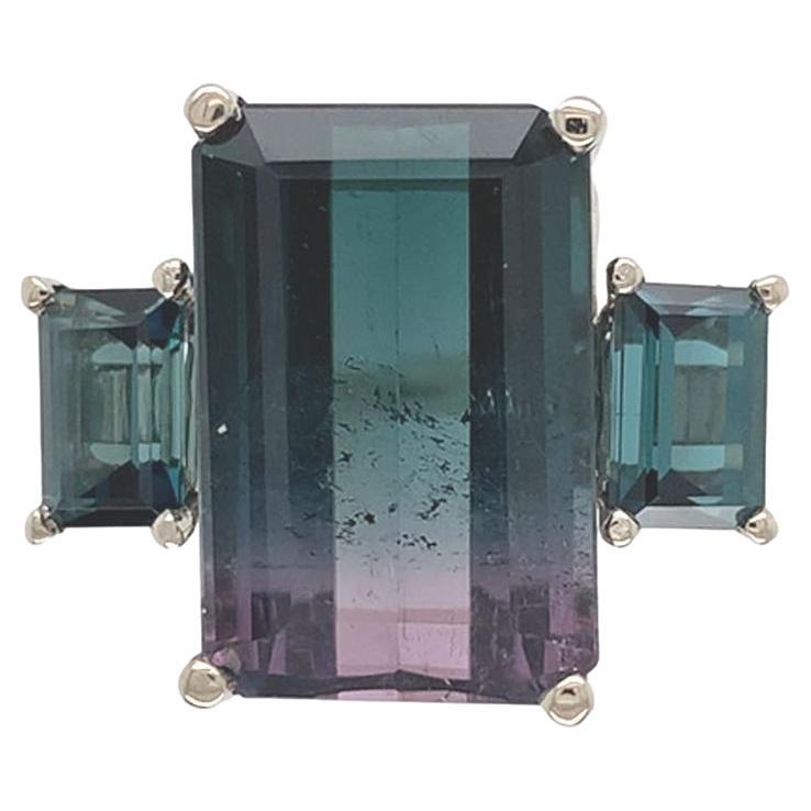 14K White Gold 8.07 carat Bi-color Teal and Purple Tourmaline Ring