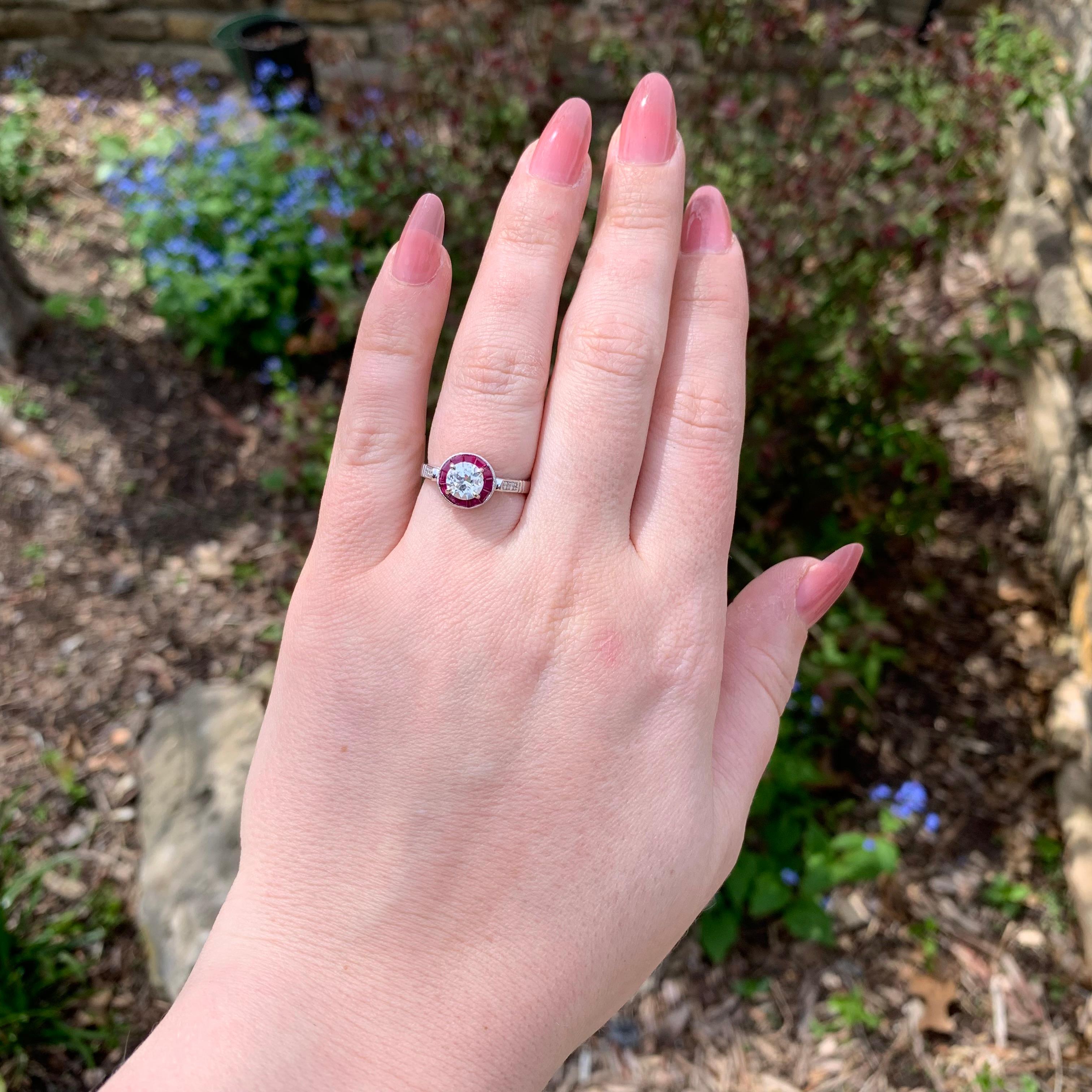 14K White Gold .80ct European Cut Diamond Ring with Ruby Halo size 6.75 en venta 1