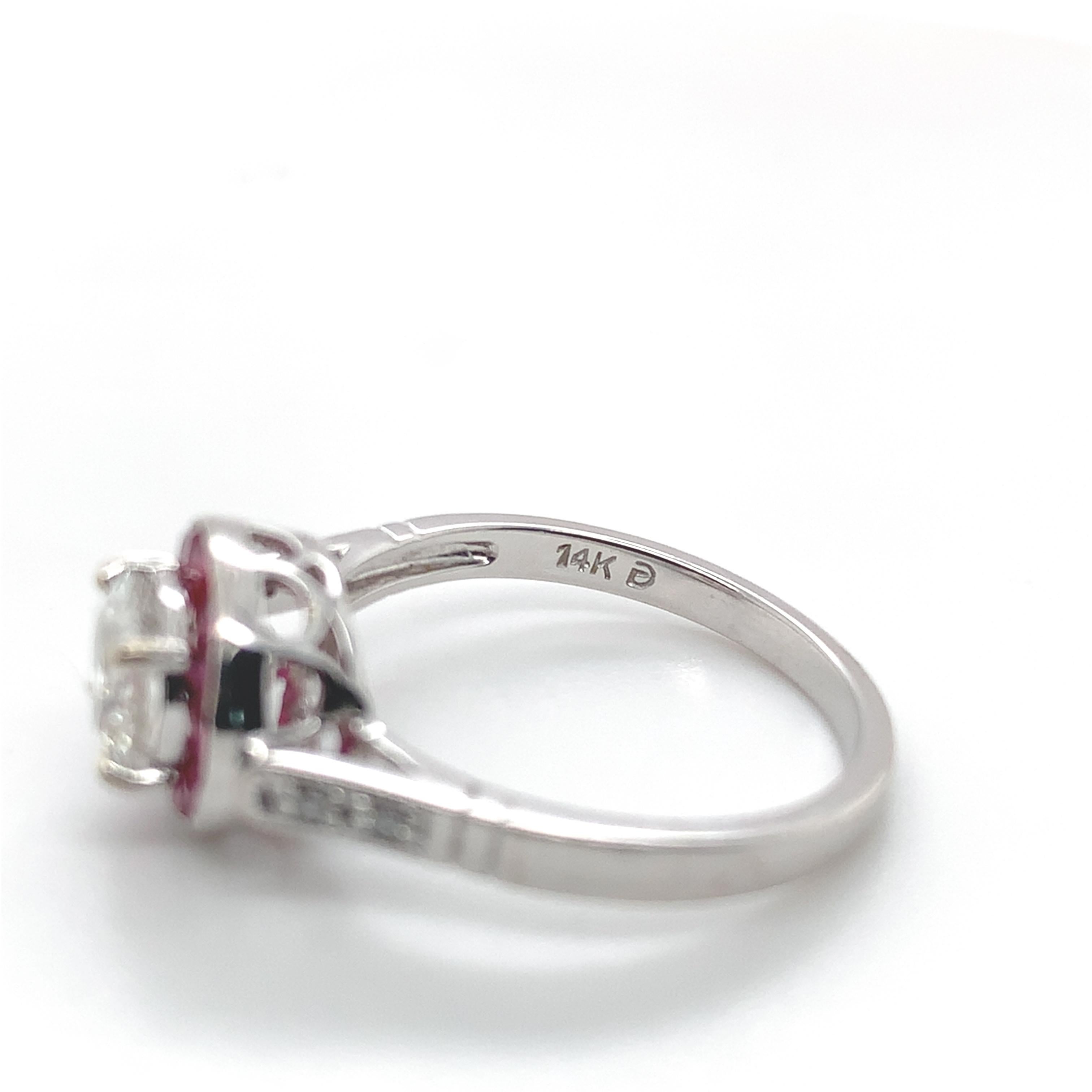 14K White Gold .80ct European Cut Diamond Ring with Ruby Halo size 6.75 en venta 4