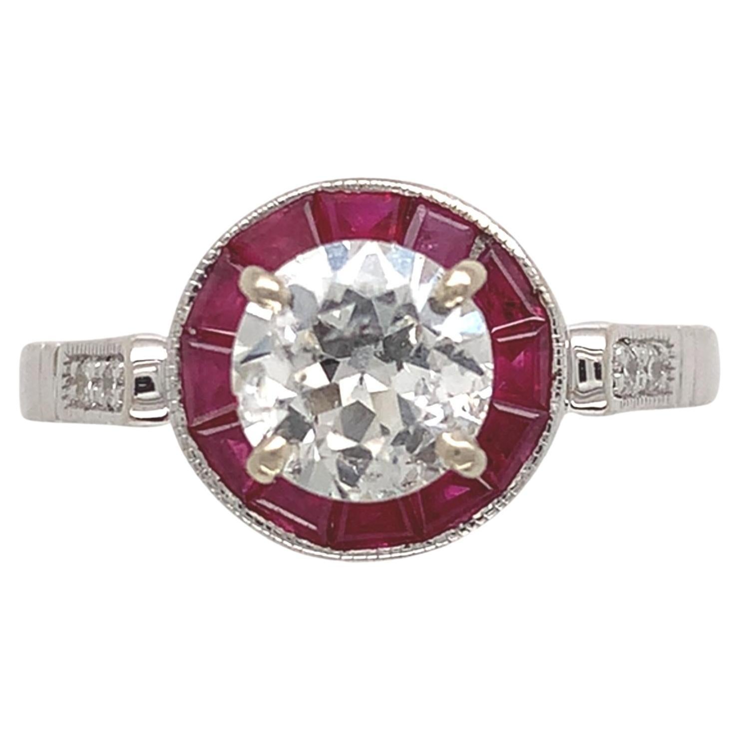 14K White Gold .80ct European Cut Diamond Ring with Ruby Halo size 6.75