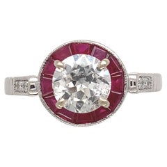 14K White Gold .80ct European Cut Diamond Ring with Ruby Halo size 6.75