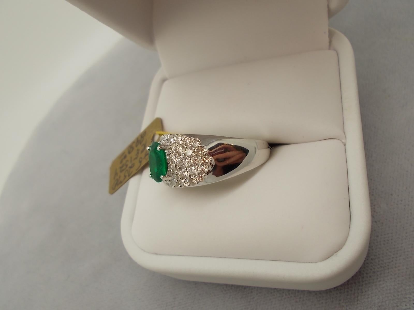 Contemporary 14k White Gold .81ct Genuine Natural Emerald Ring with Diamonds '#J667' For Sale
