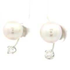 14k White Gold 8.2mm Cultured Pearl w/ 0.28ctw Floating Diamond Stud Earrings