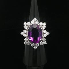 14k White Gold 8.65ctw Large Oval Amethyst w/ Fiery Diamond Spray Design Ring