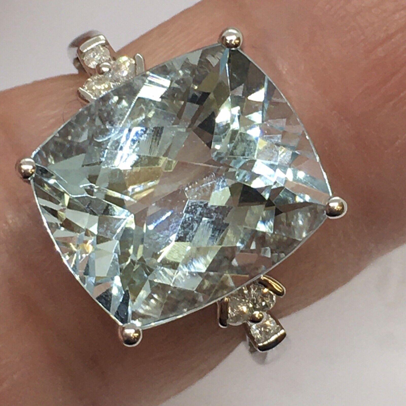 Cushion Cut 14k White Gold 8.8 Carat Natural Aquamarine Diamond Statement Ring Size 8.5 For Sale