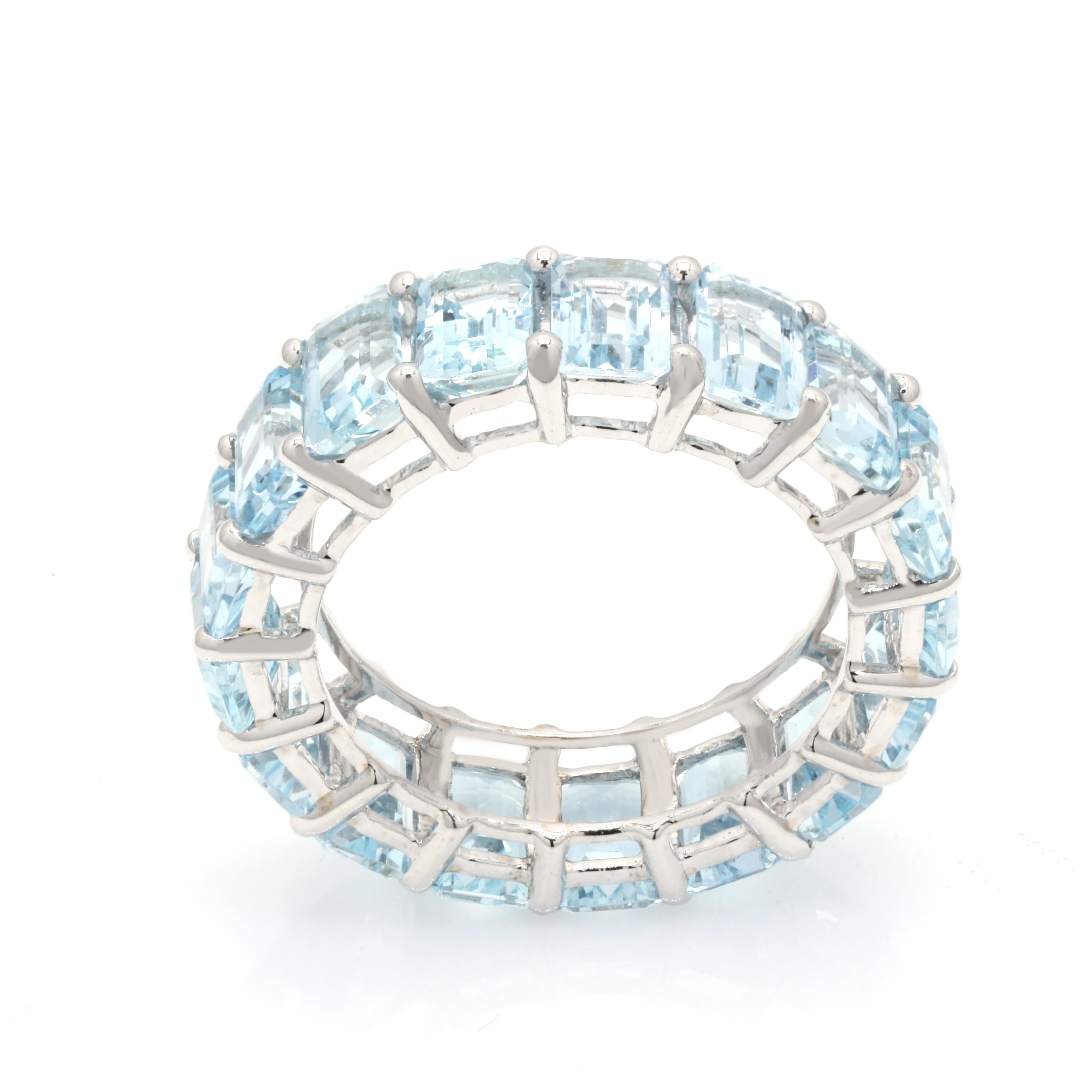 thumbnail interactive-video image 1 of Women's 14K Gold Plated Eternity Ring With Blue Aquamarine CZ | Princess Cut Stackable Band Size 5-10 1 of 13