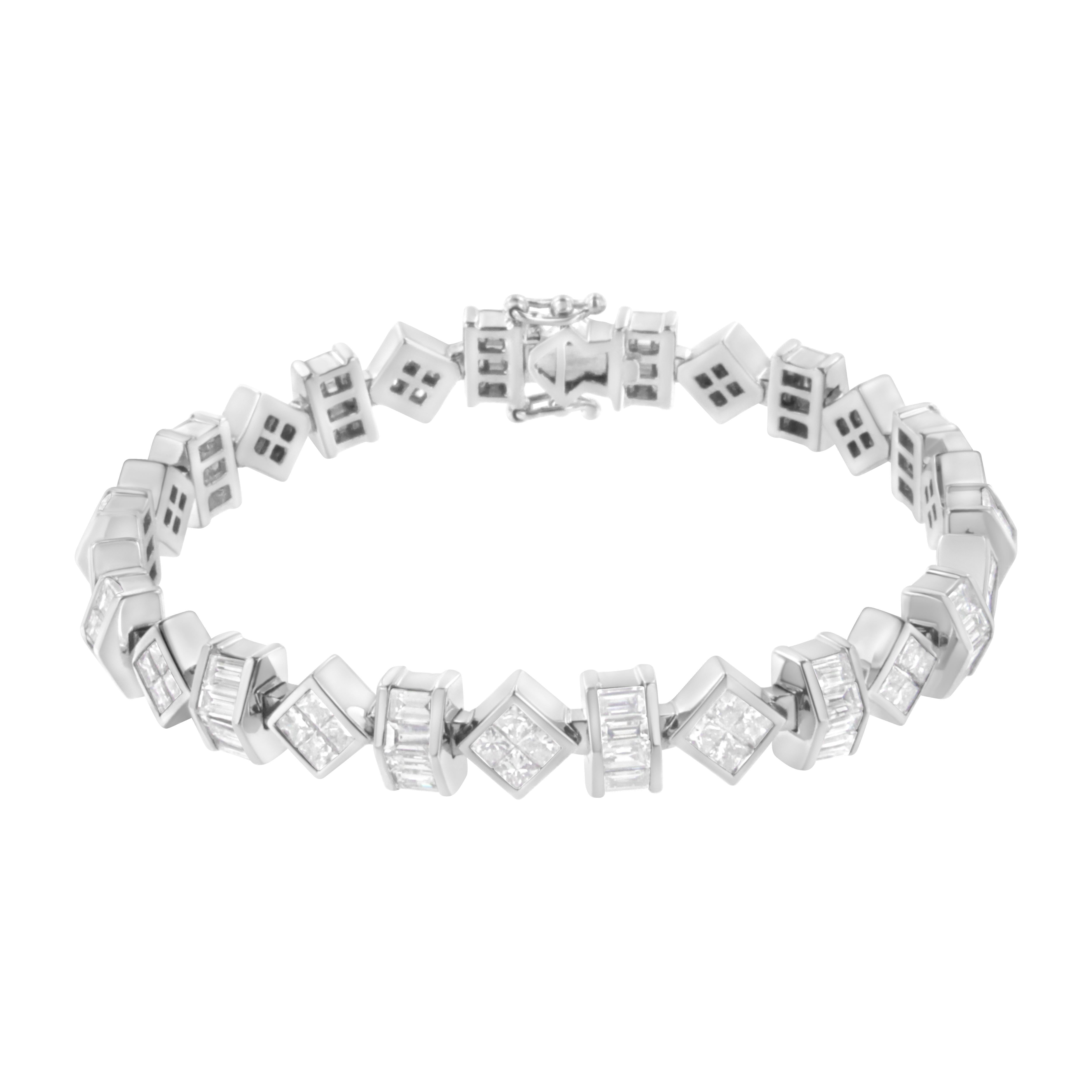 Show all your love to the lady love in your life by presenting her this uniquely designed Diamond Bracelet on any special occasion. Spectacular yet graceful, it is crafted from 14 karats of white gold and polished high for radiance. An alternate