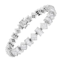 14K White Gold 9 1/4 Carat Princess and Baguette Diamond Modern Link Bracelet