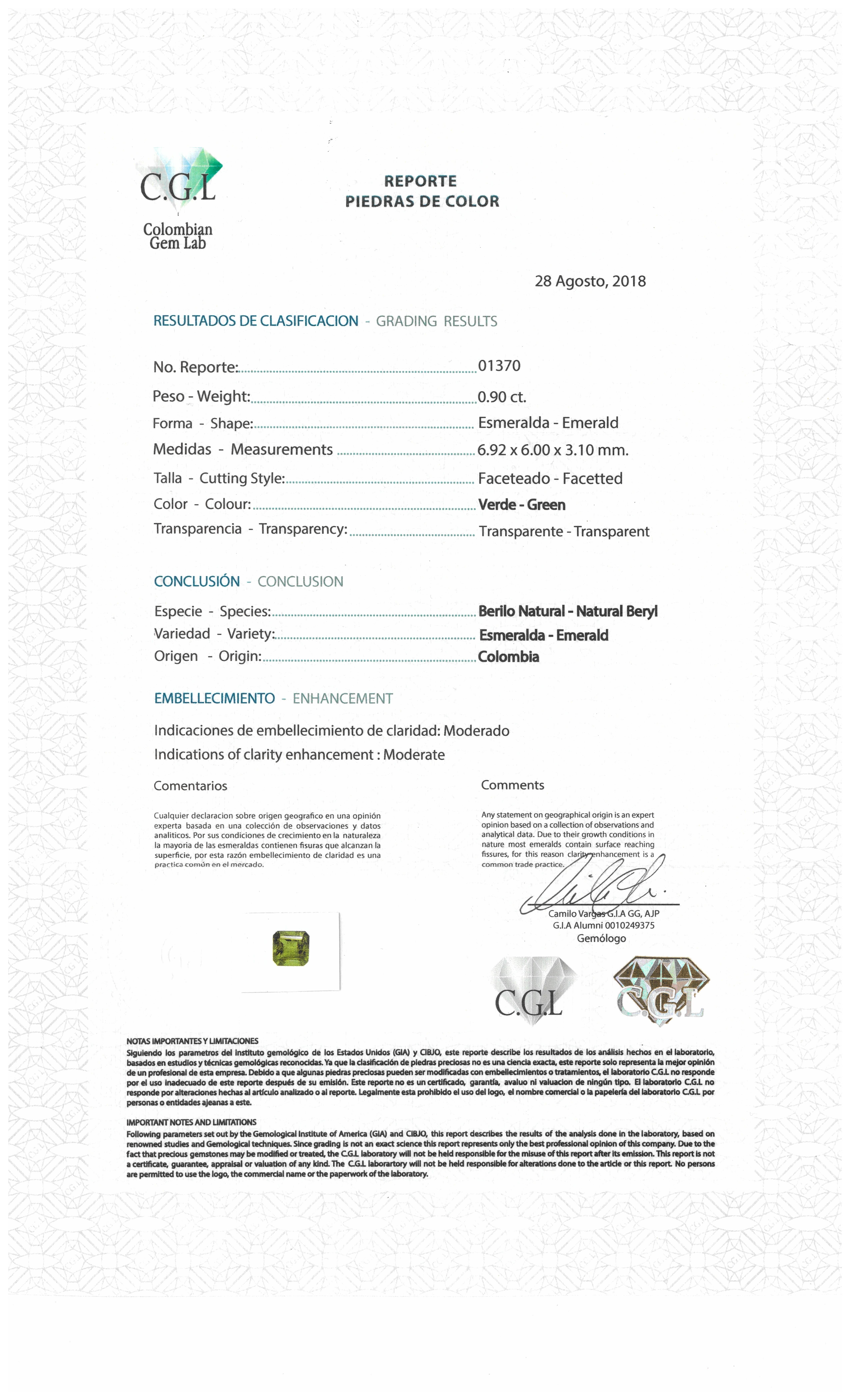 14K White Gold .90ct Colombian Emerald & Diamond Ring with Report For Sale 6