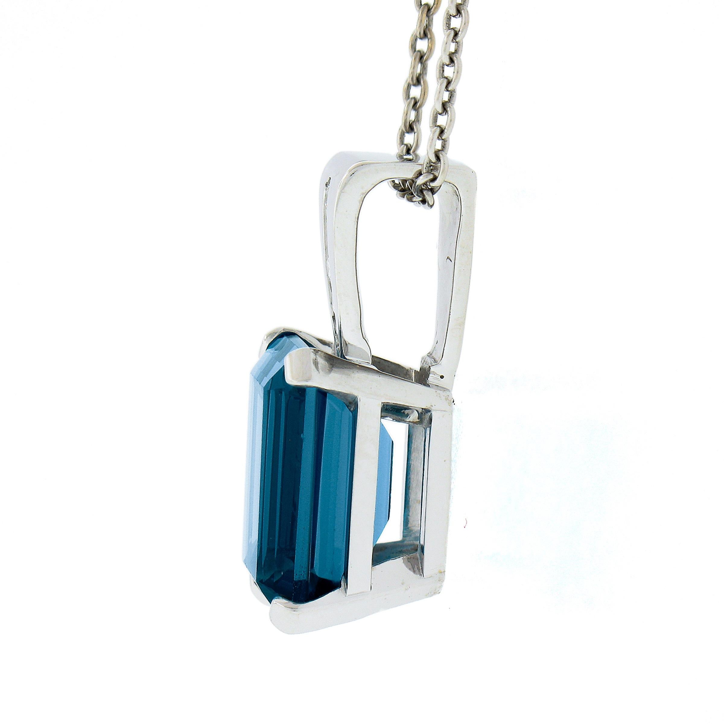 Women's 14K White Gold 9.10ct Emerald Cut London Blue Topaz w/ Diamond Pendant & Chain For Sale