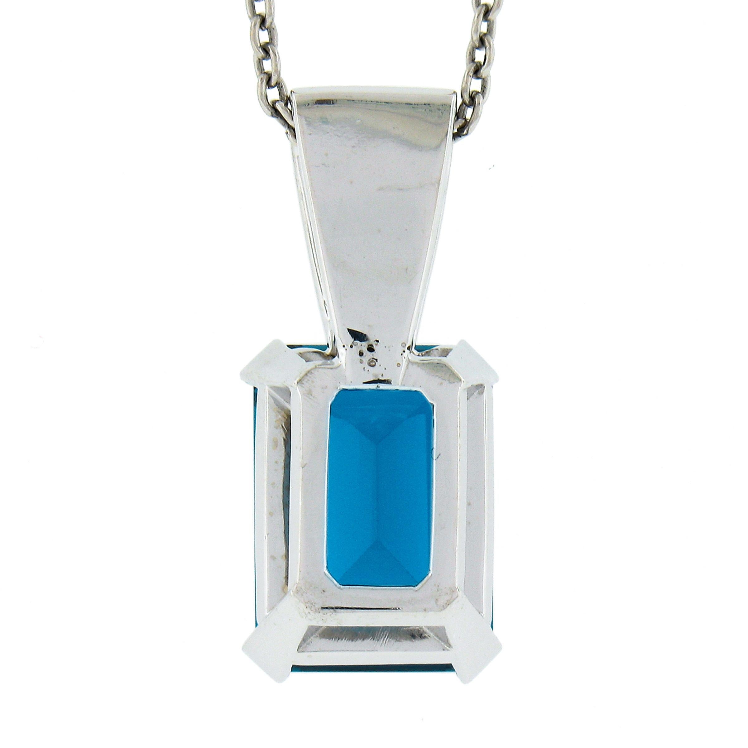 14K White Gold 9.10ct Emerald Cut London Blue Topaz w/ Diamond Pendant & Chain For Sale 1
