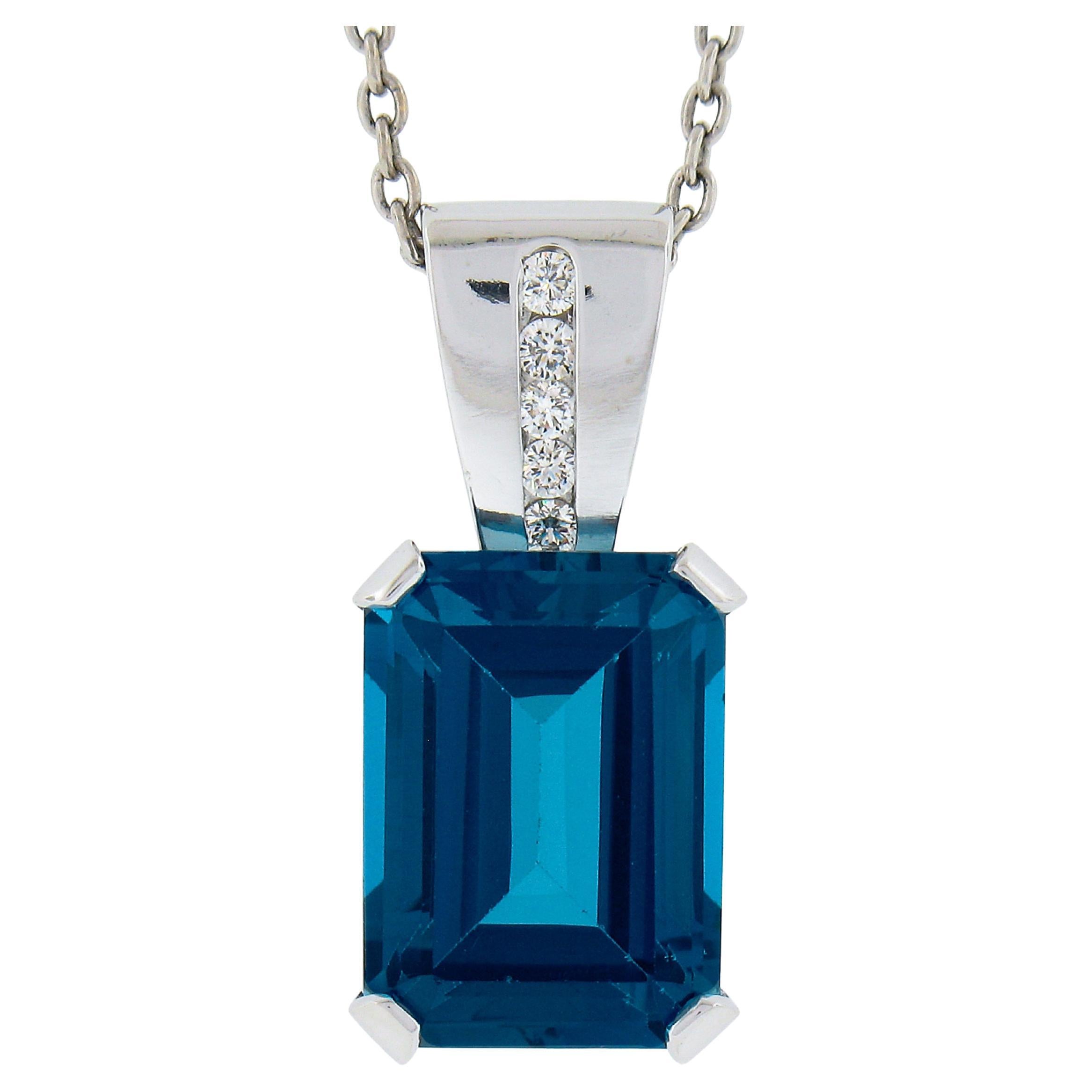 14K White Gold 9.10ct Emerald Cut London Blue Topaz w/ Diamond Pendant & Chain For Sale