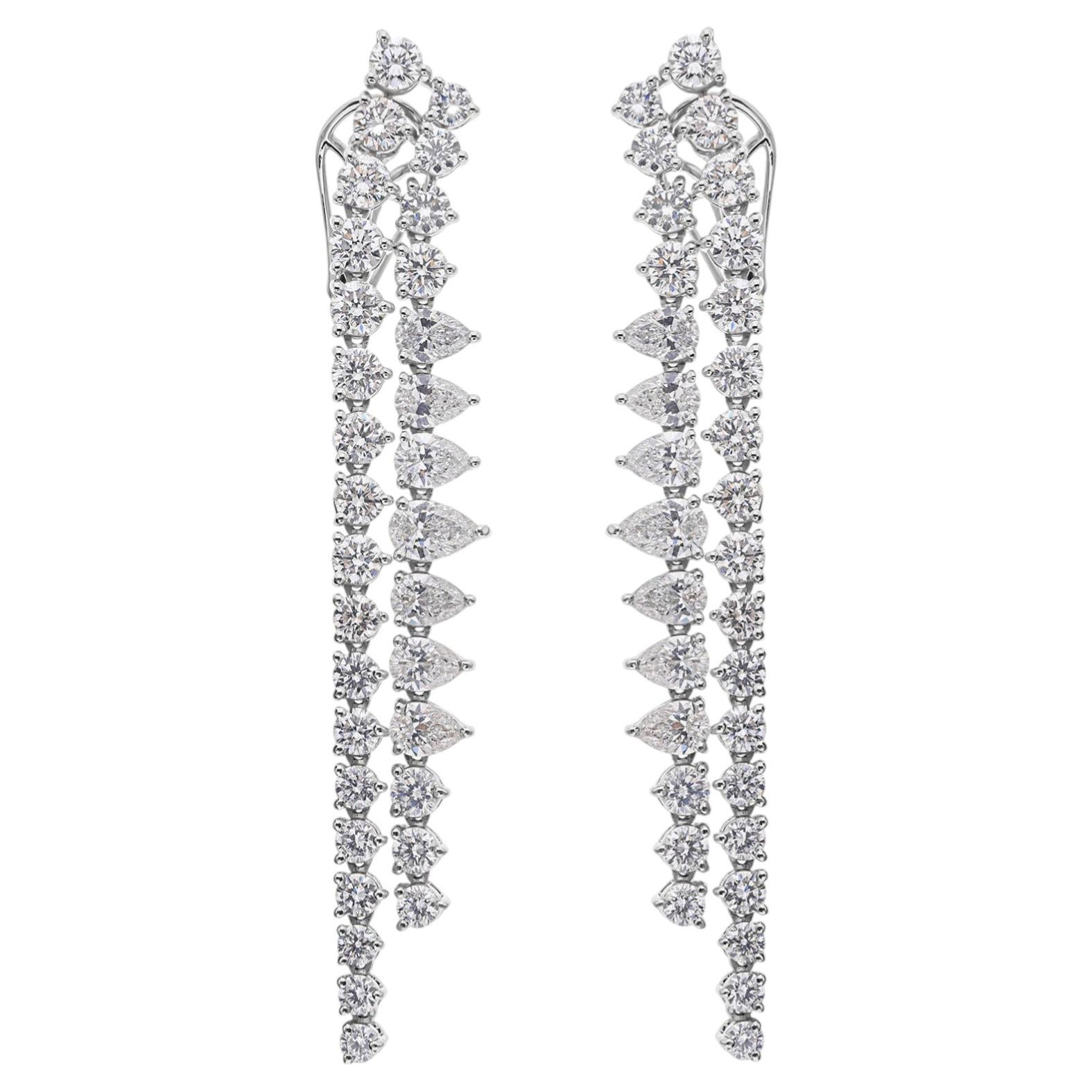 14k White Gold 9.23 Ct Natural SI Clarity HI Color Diamond Two Row Long Earrings